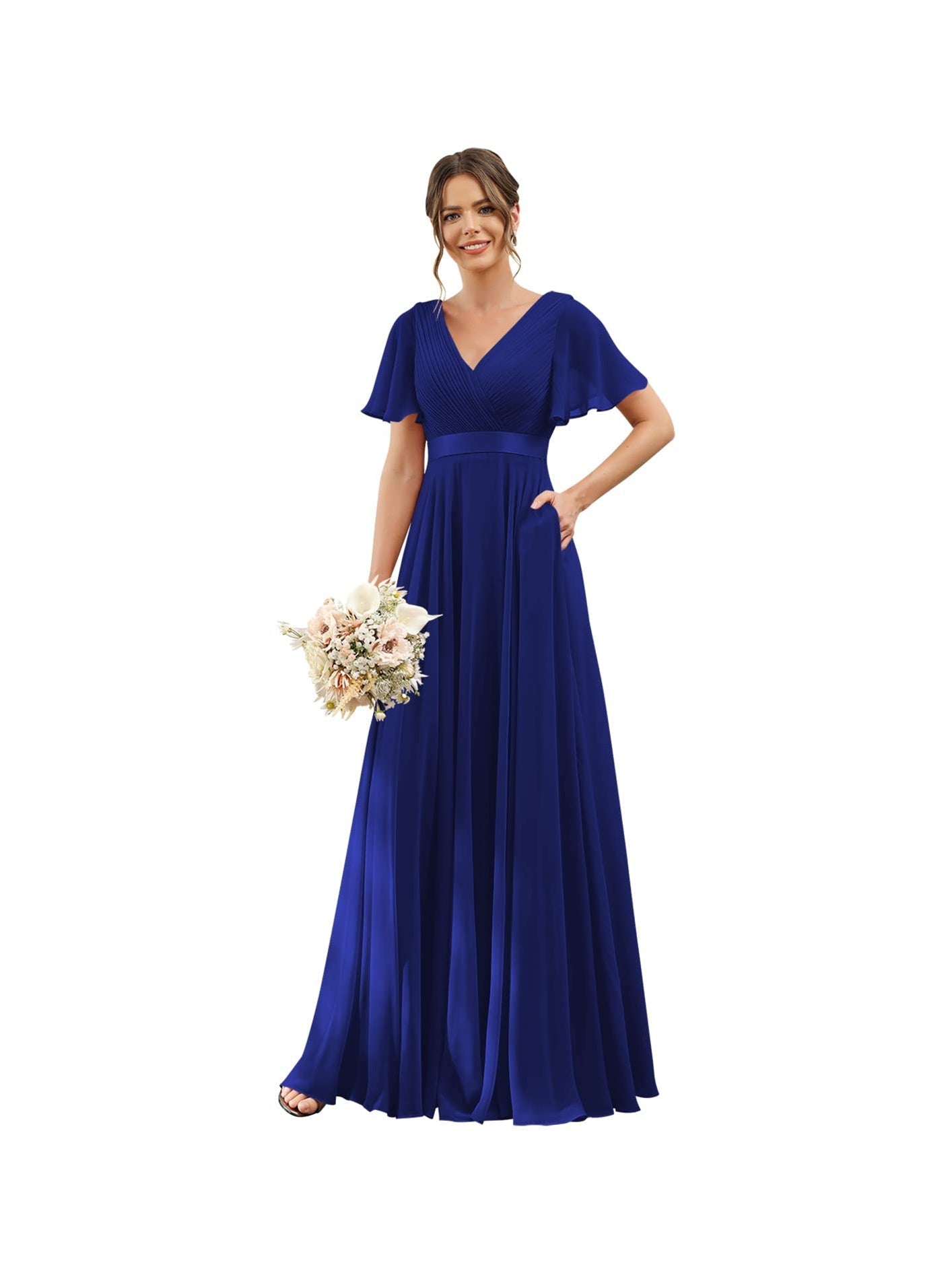 A-Line V Neck Flutter Sleeves Floor Length Bridesmaid Dresses Chiffon with Pockets Ruched