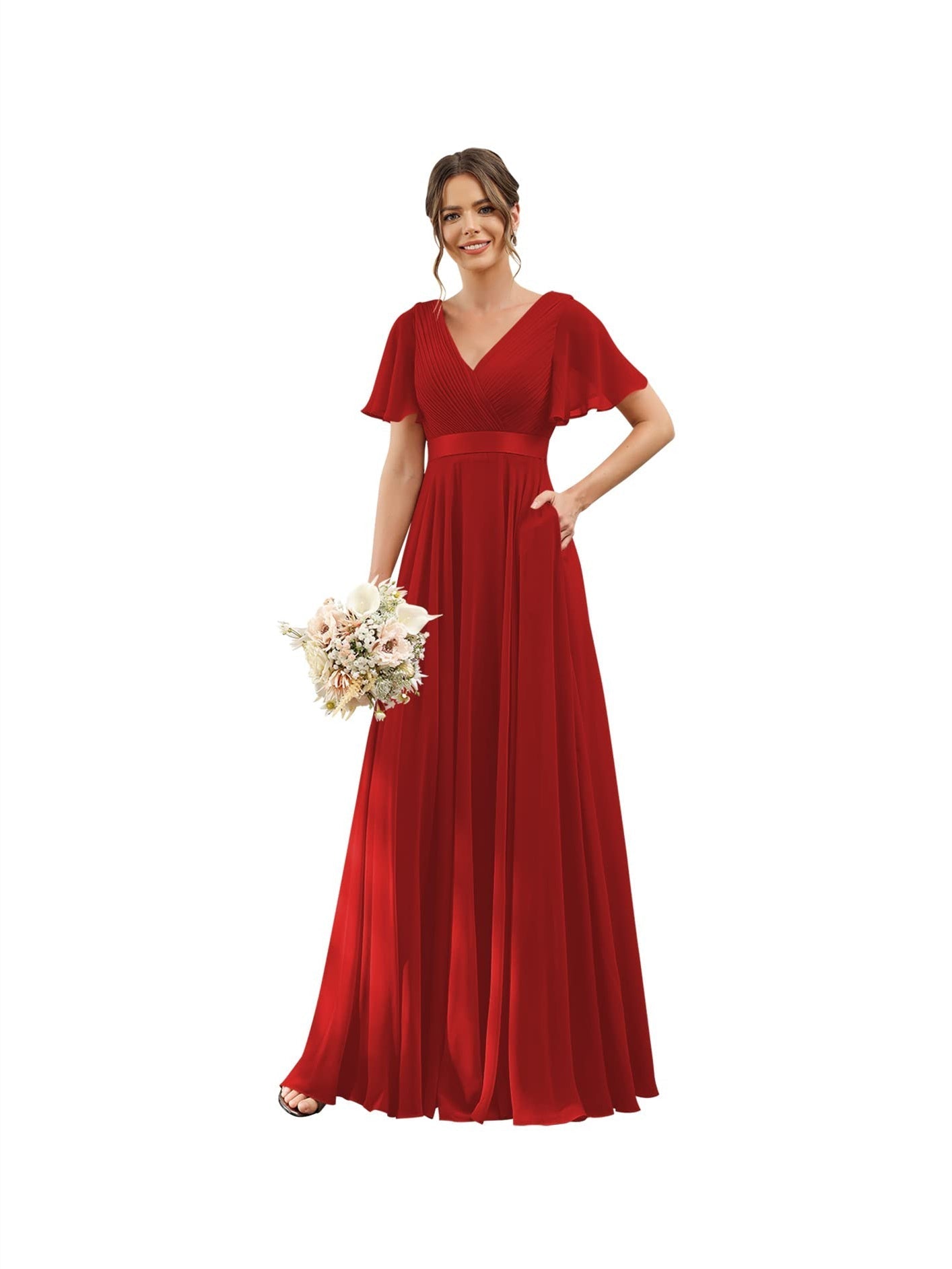 A-Line V Neck Flutter Sleeves Floor Length Bridesmaid Dresses Chiffon with Pockets Ruched