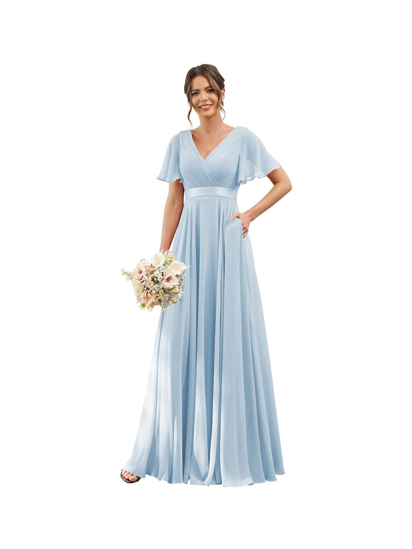 A-Line V Neck Flutter Sleeves Floor Length Bridesmaid Dresses Chiffon with Pockets Ruched