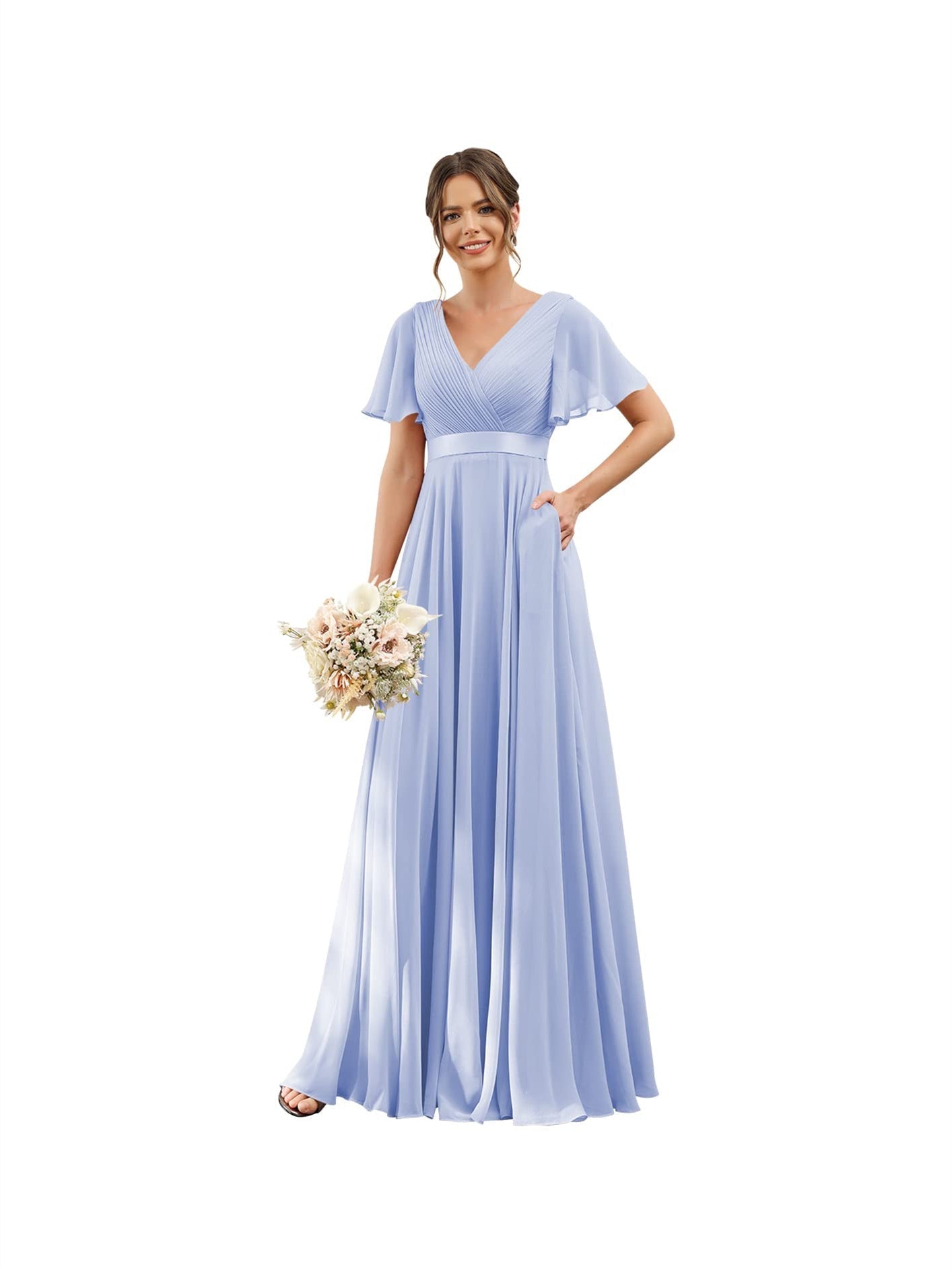 A-Line V Neck Flutter Sleeves Floor Length Bridesmaid Dresses Chiffon with Pockets Ruched