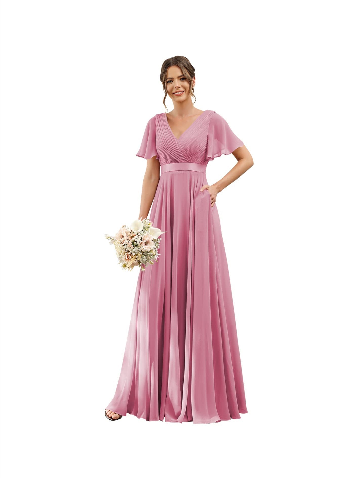 A-Line V Neck Flutter Sleeves Floor Length Bridesmaid Dresses Chiffon with Pockets Ruched