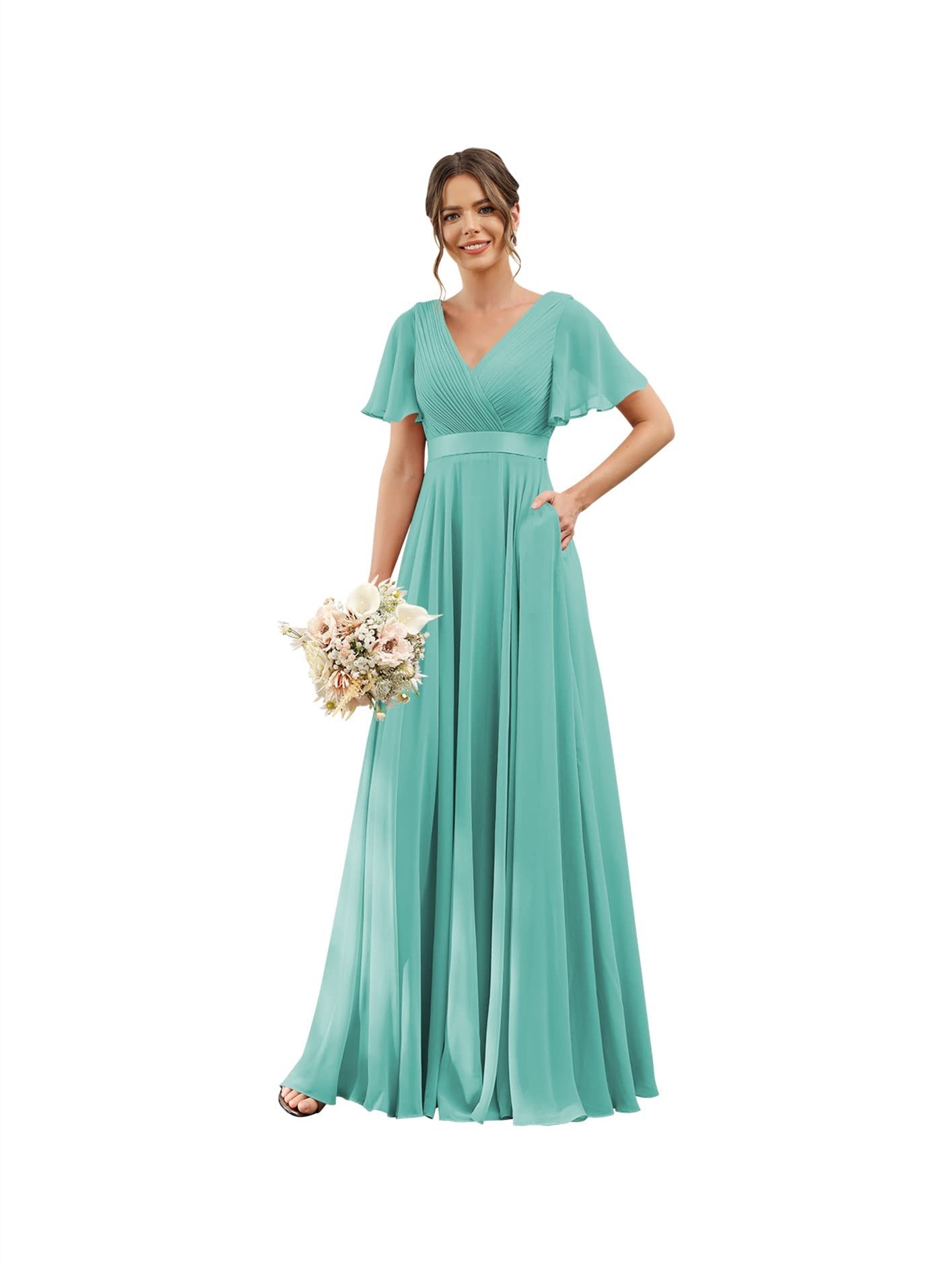 A-Line V Neck Flutter Sleeves Floor Length Bridesmaid Dresses Chiffon with Pockets Ruched
