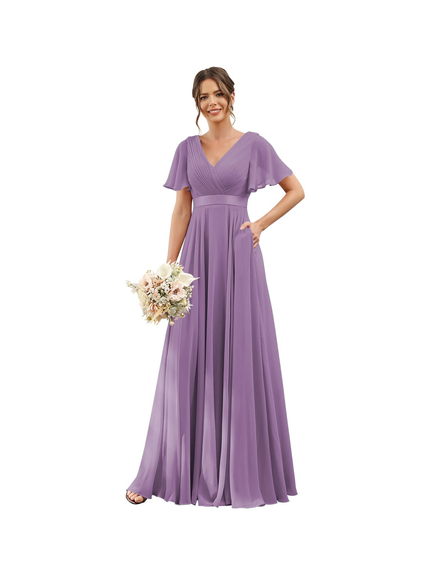 A-Line V Neck Flutter Sleeves Floor Length Bridesmaid Dresses Chiffon with Pockets Ruched