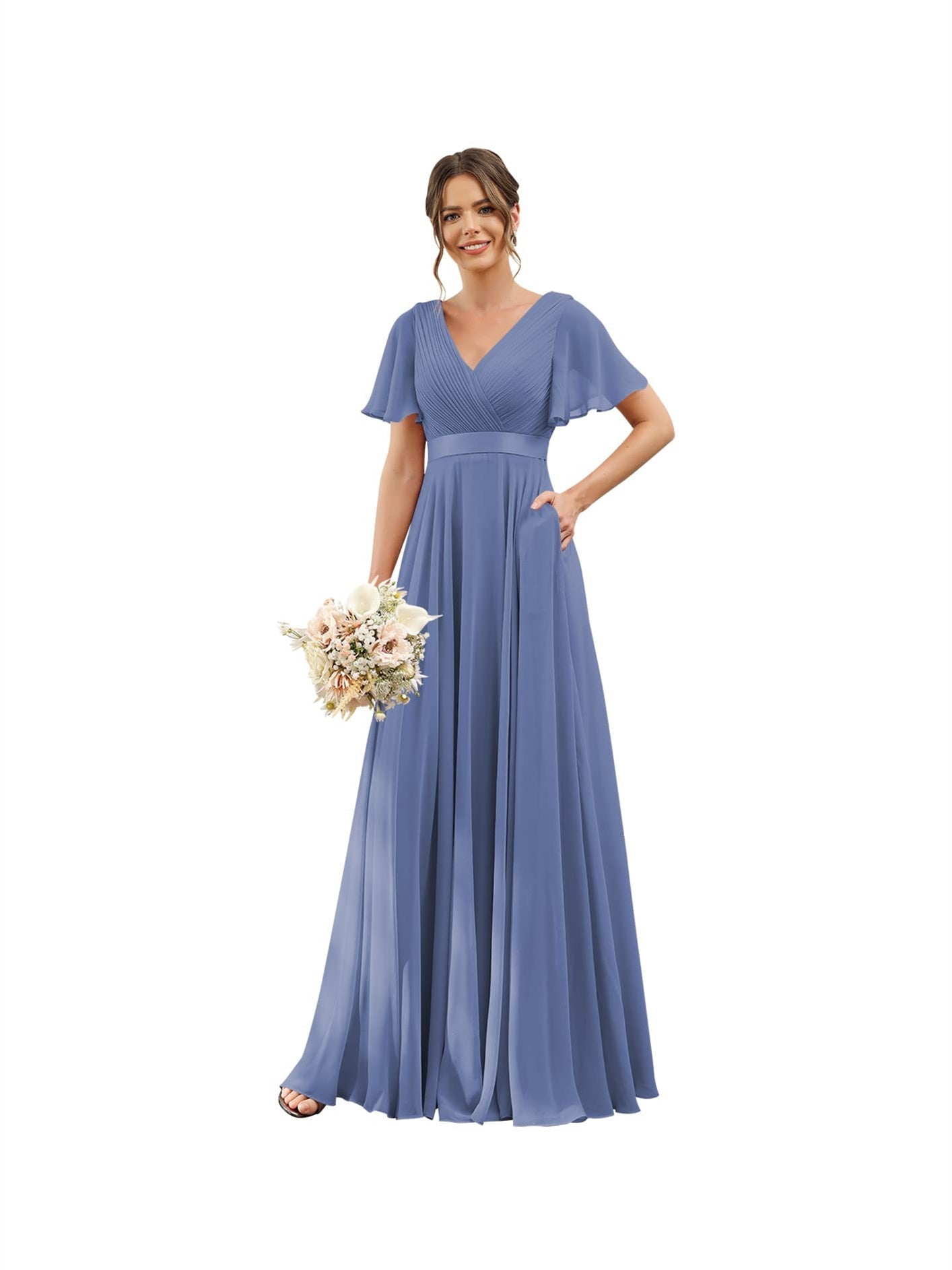 A-Line V Neck Flutter Sleeves Floor Length Bridesmaid Dresses Chiffon with Pockets Ruched