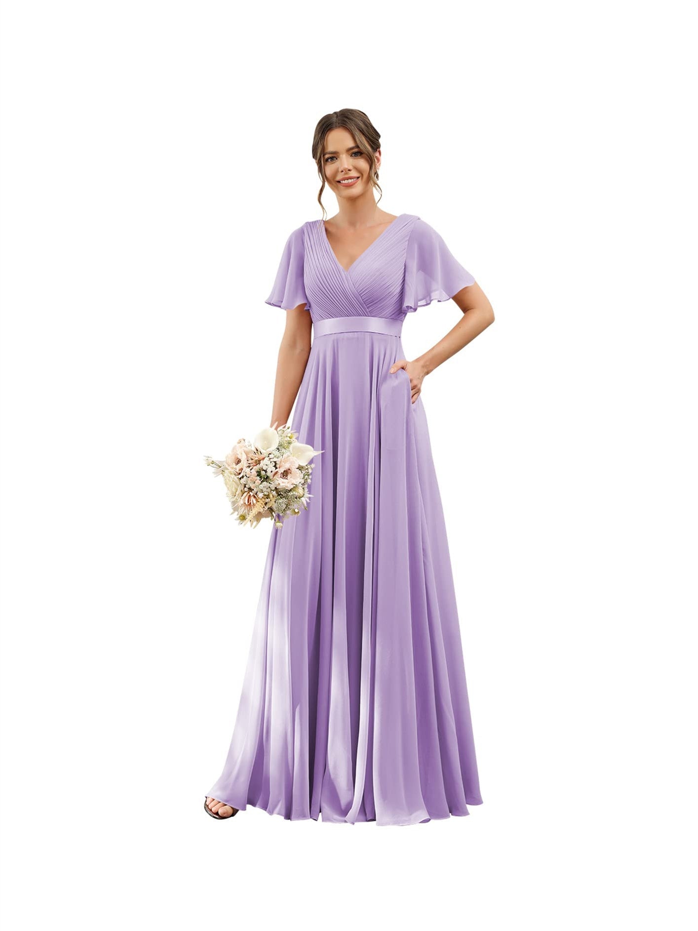 A-Line V Neck Flutter Sleeves Floor Length Bridesmaid Dresses Chiffon with Pockets Ruched