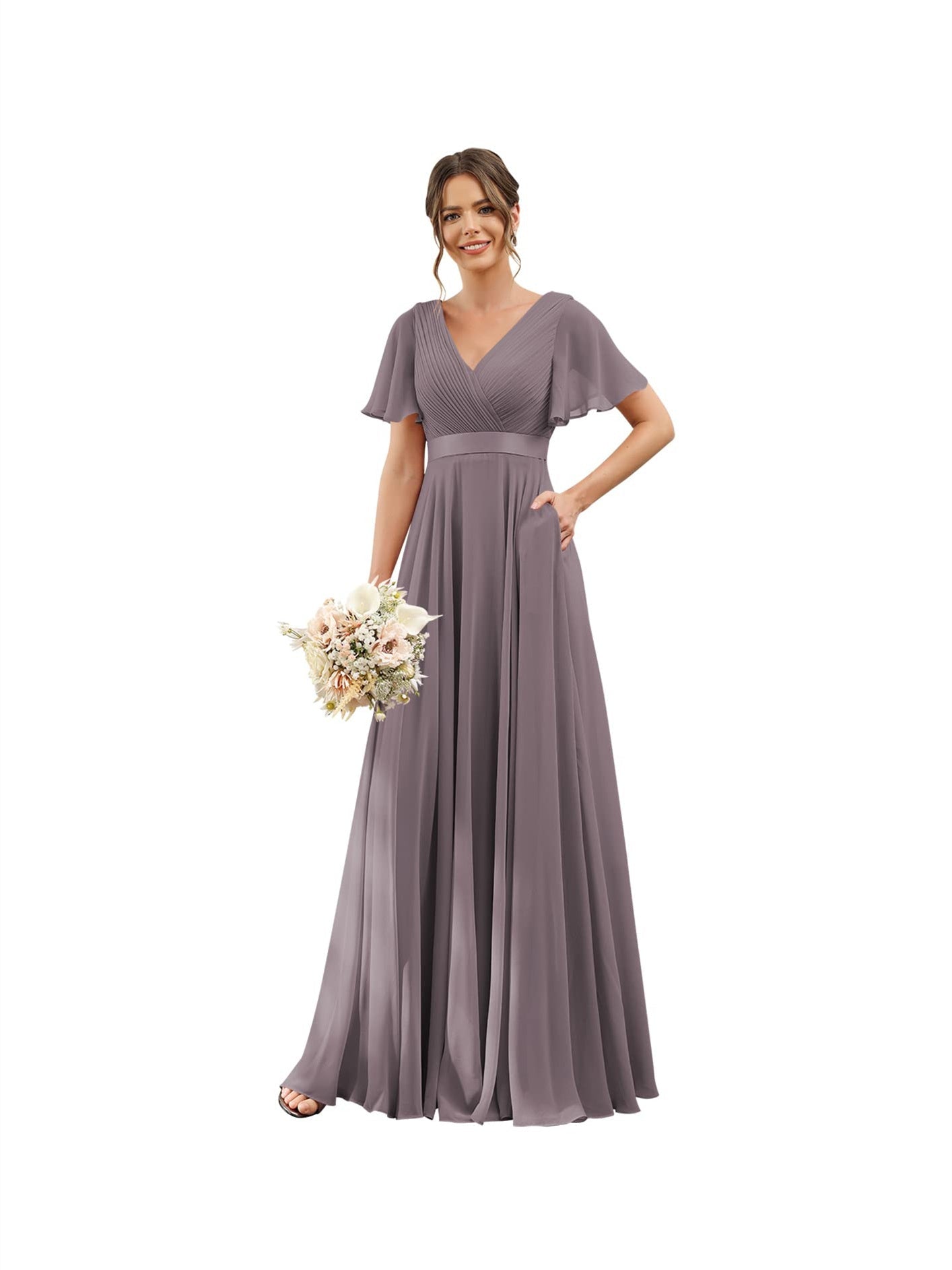 A-Line V Neck Flutter Sleeves Floor Length Bridesmaid Dresses Chiffon with Pockets Ruched