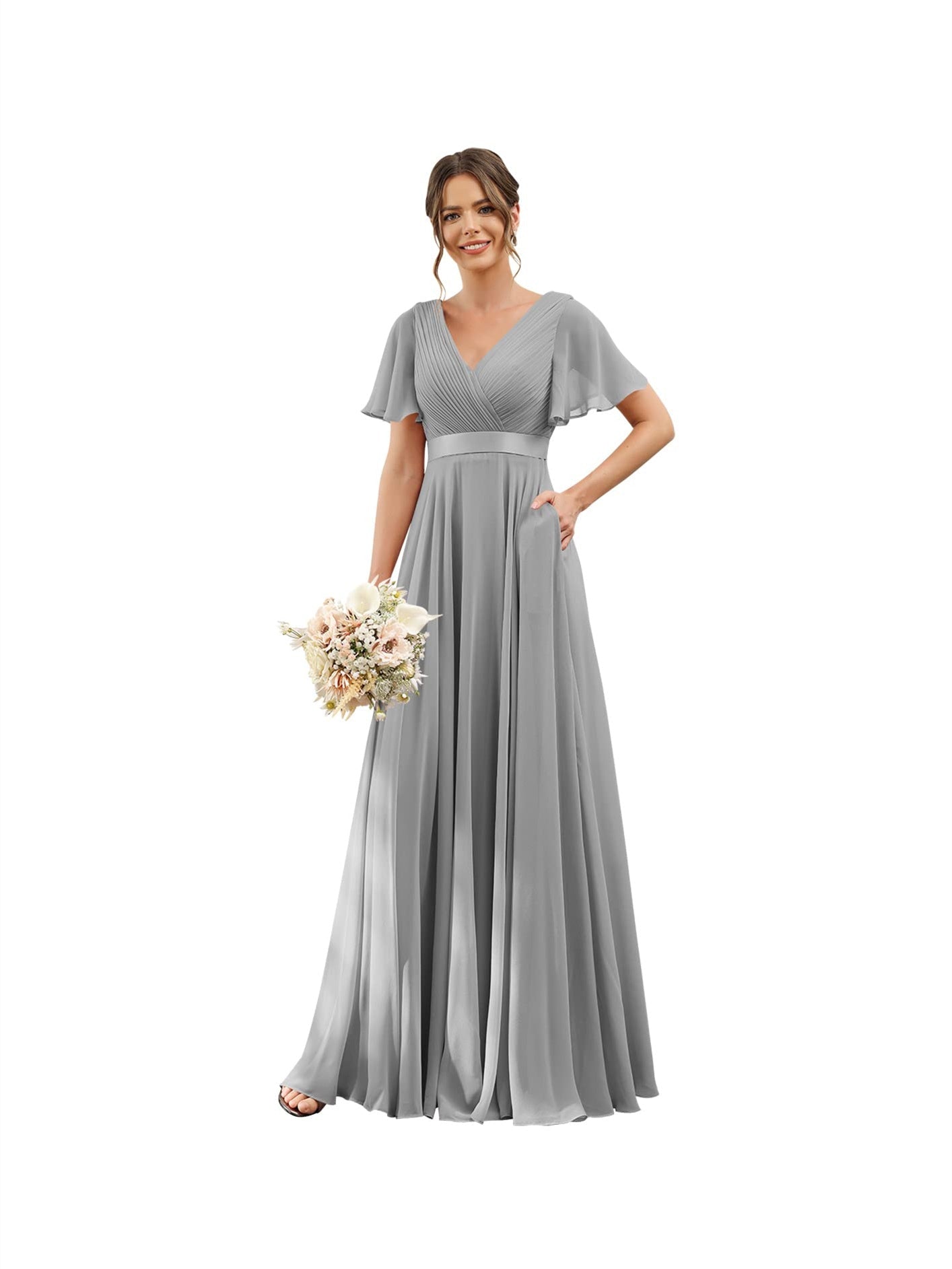 A-Line V Neck Flutter Sleeves Floor Length Bridesmaid Dresses Chiffon with Pockets Ruched