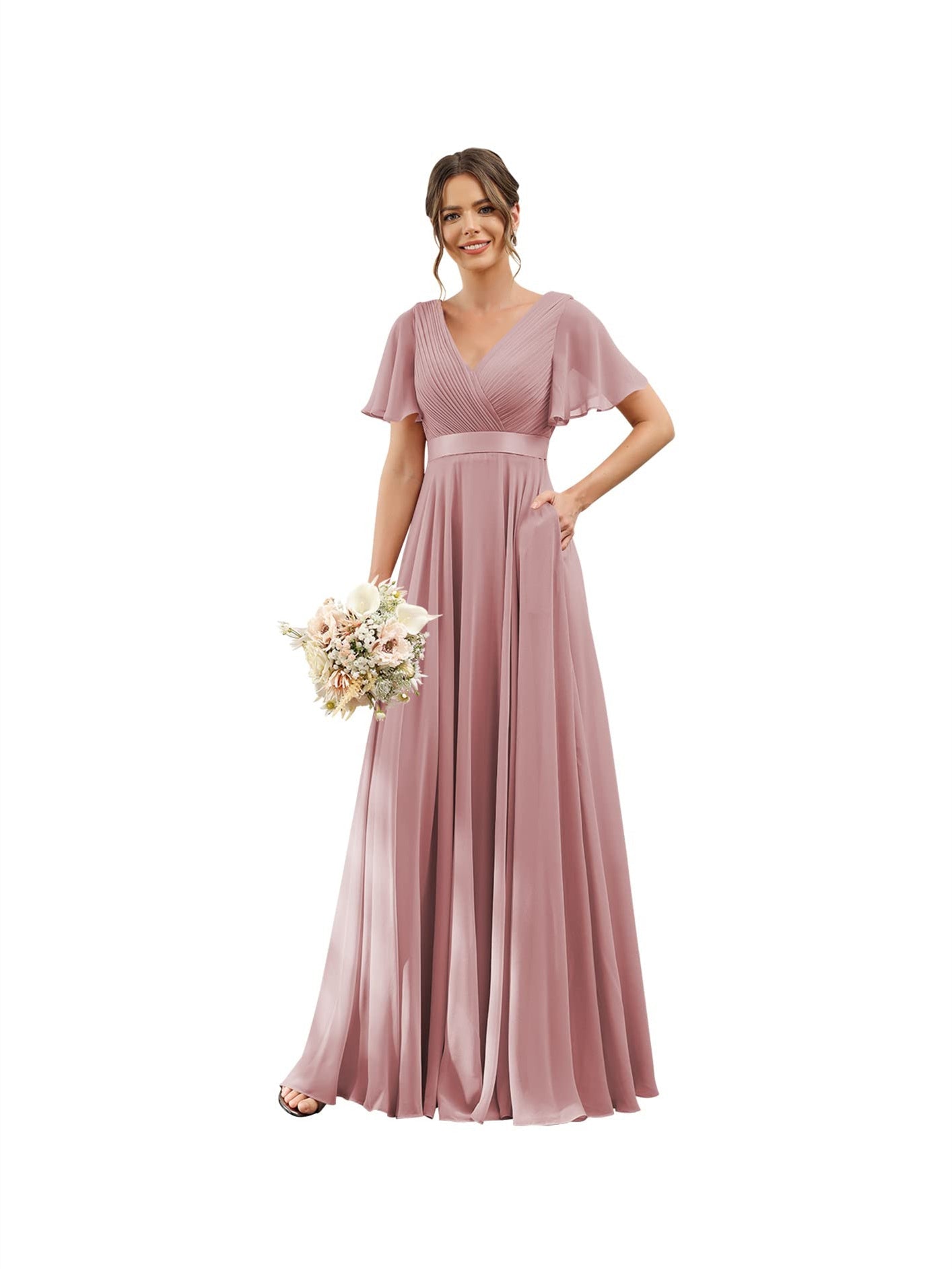 A-Line V Neck Flutter Sleeves Floor Length Bridesmaid Dresses Chiffon with Pockets Ruched