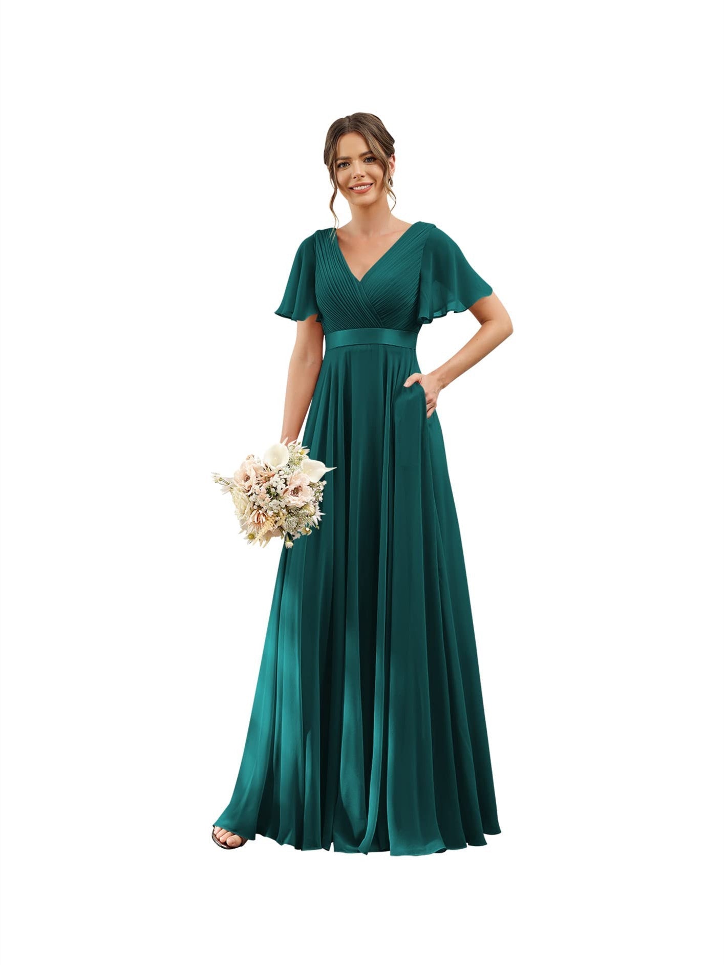 A-Line V Neck Flutter Sleeves Floor Length Bridesmaid Dresses Chiffon with Pockets Ruched