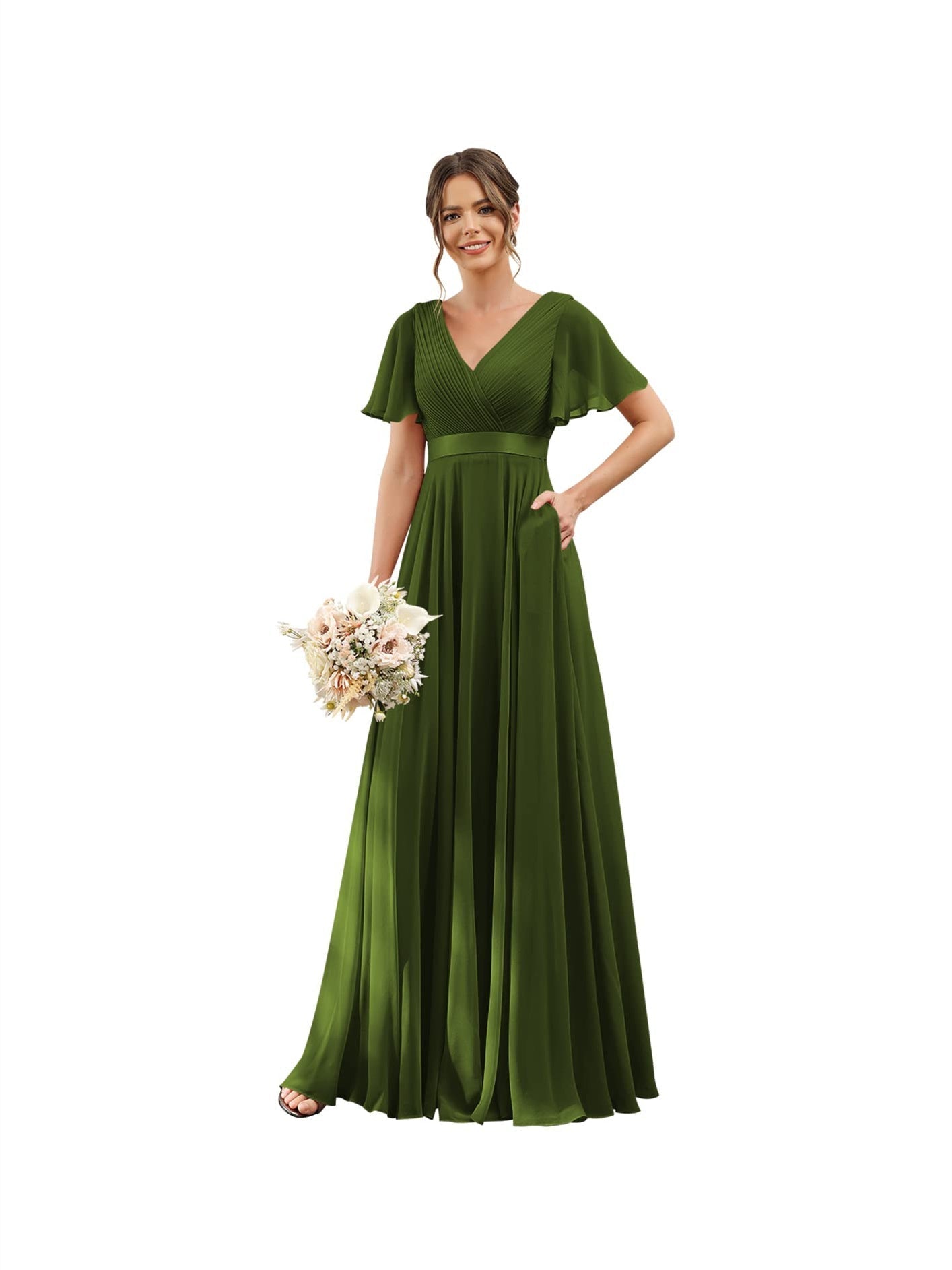 A-Line V Neck Flutter Sleeves Floor Length Bridesmaid Dresses Chiffon with Pockets Ruched