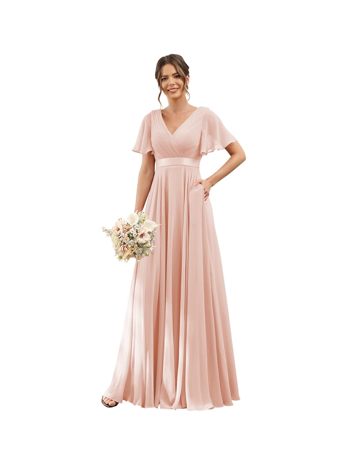A-Line V Neck Flutter Sleeves Floor Length Bridesmaid Dresses Chiffon with Pockets Ruched