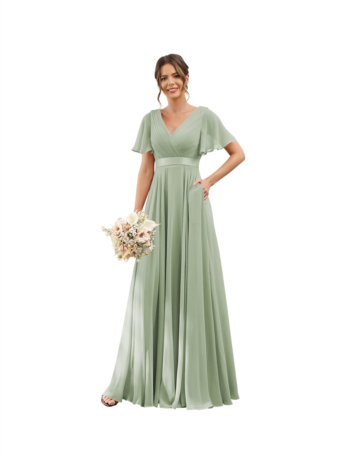 A-Line V Neck Flutter Sleeves Floor Length Bridesmaid Dresses Chiffon with Pockets Ruched