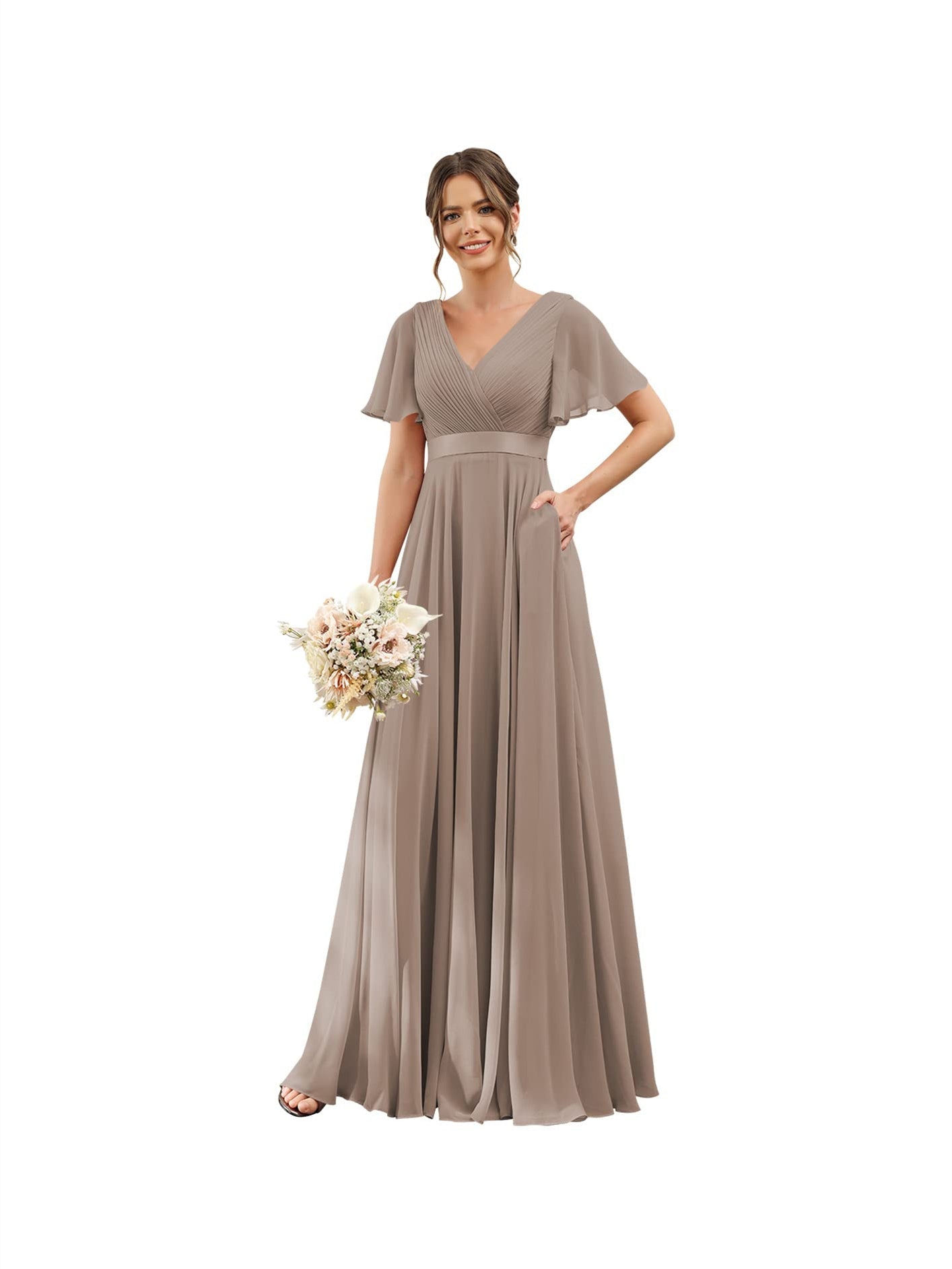 A-Line V Neck Flutter Sleeves Floor Length Bridesmaid Dresses Chiffon with Pockets Ruched