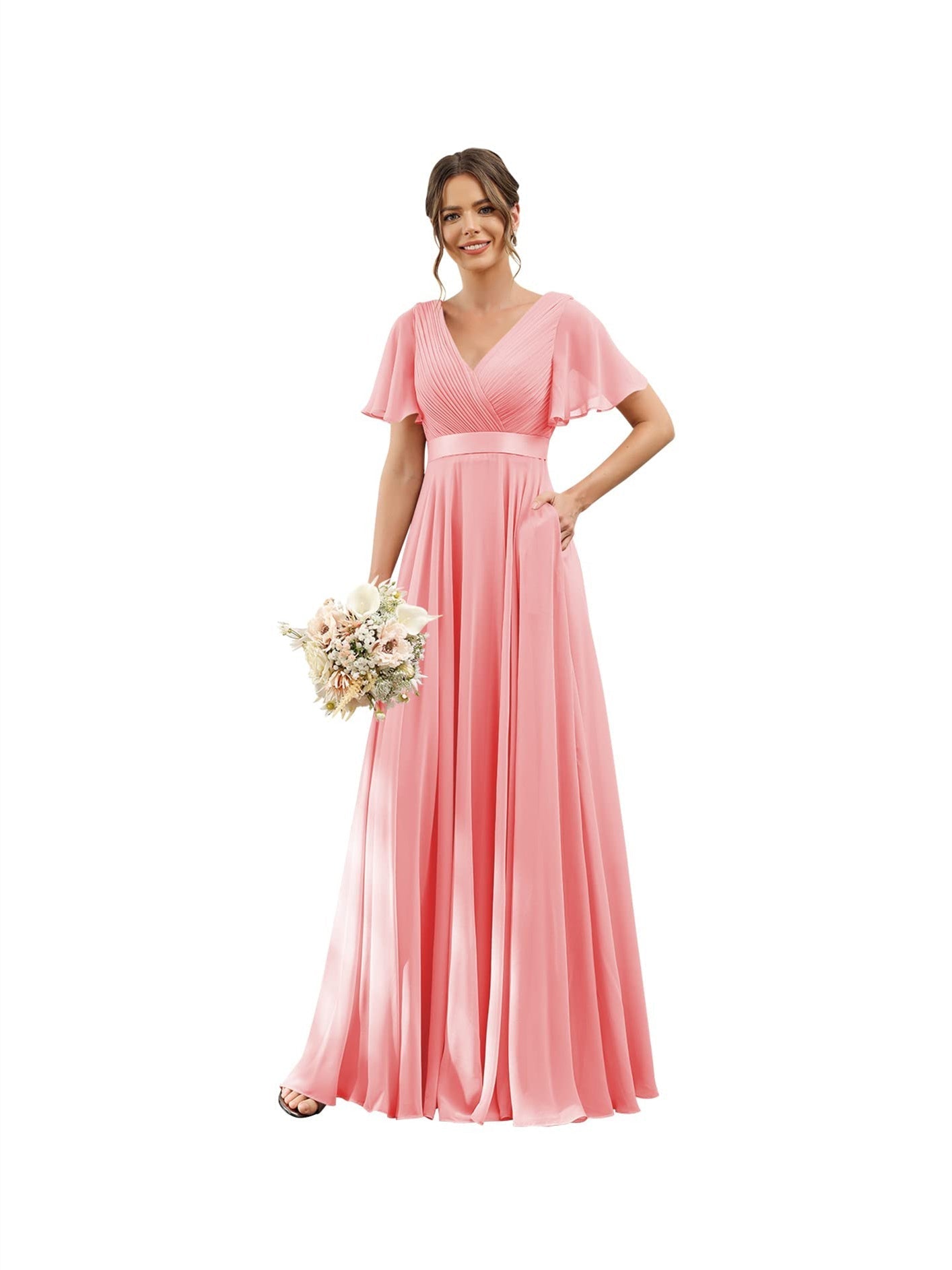 A-Line V Neck Flutter Sleeves Floor Length Bridesmaid Dresses Chiffon with Pockets Ruched
