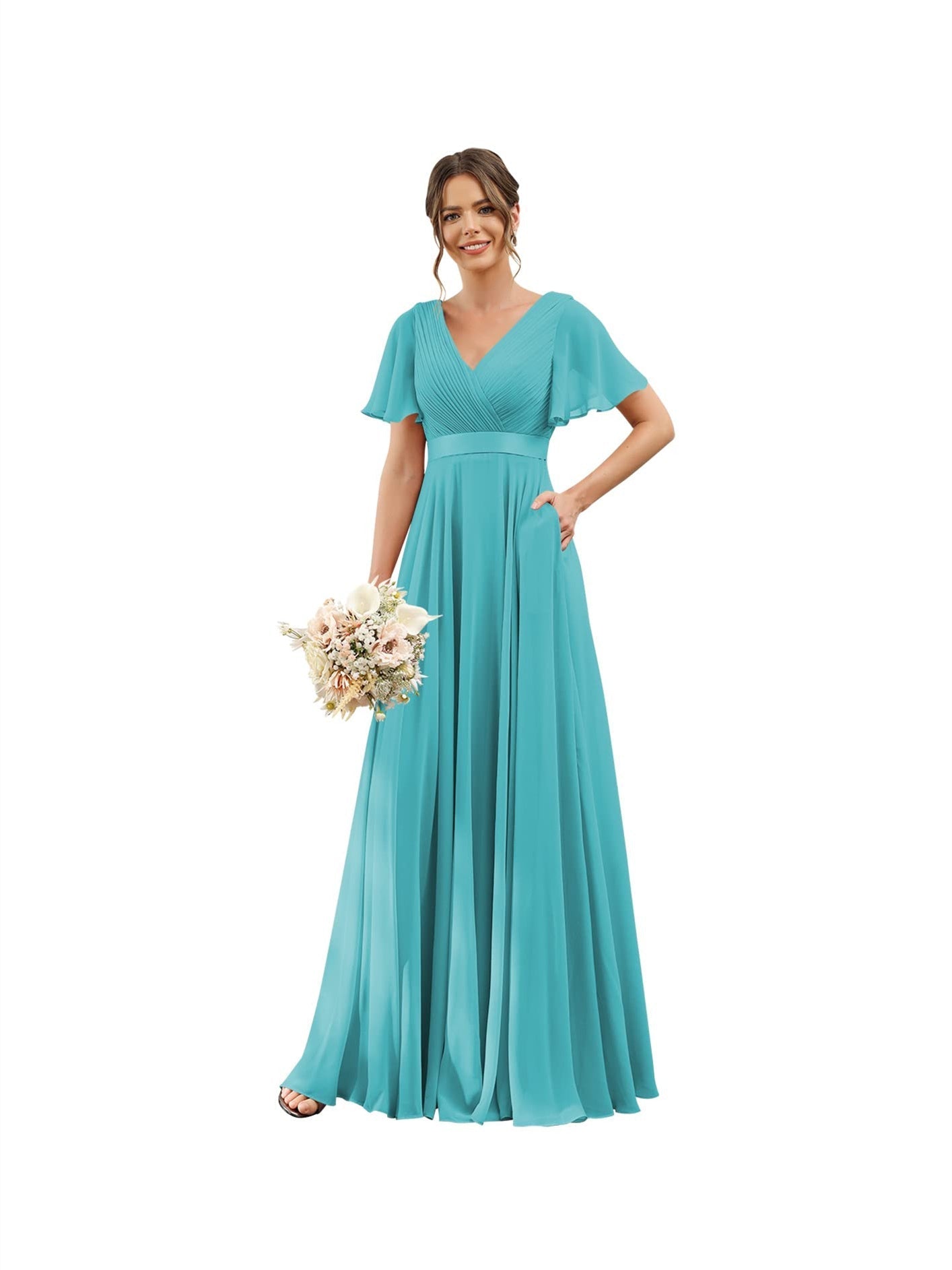 A-Line V Neck Flutter Sleeves Floor Length Bridesmaid Dresses Chiffon with Pockets Ruched
