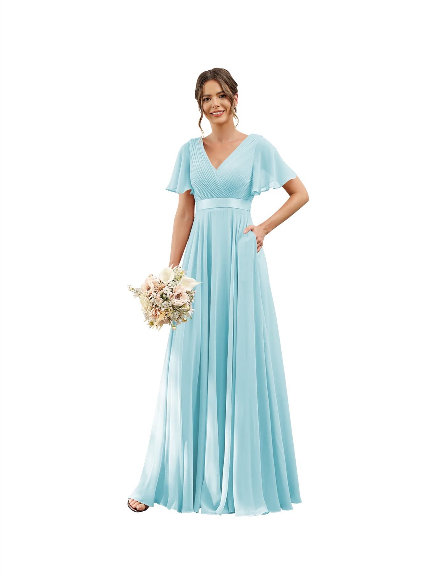 A-Line V Neck Flutter Sleeves Floor Length Bridesmaid Dresses Chiffon with Pockets Ruched
