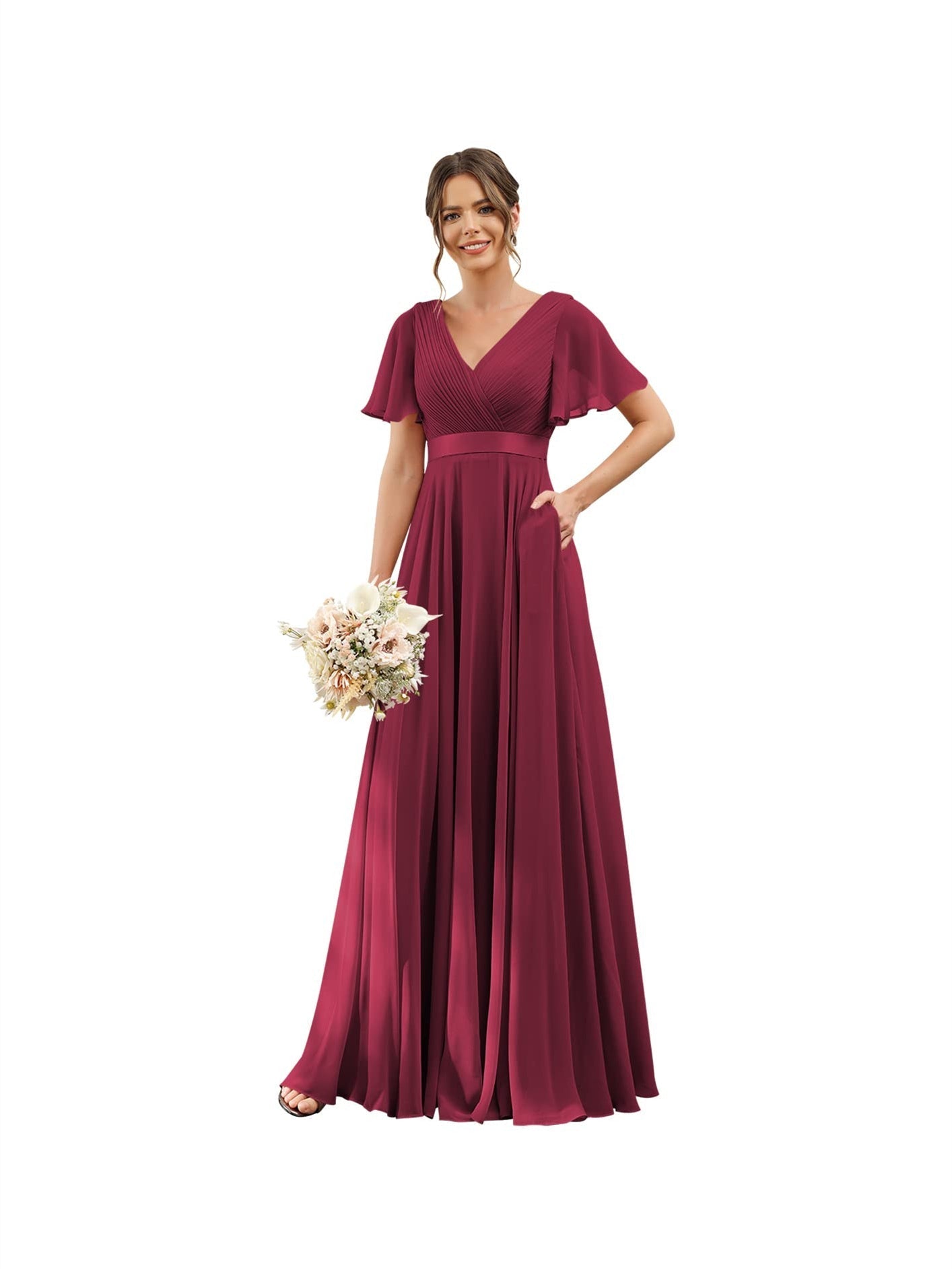 A-Line V Neck Flutter Sleeves Floor Length Bridesmaid Dresses Chiffon with Pockets Ruched