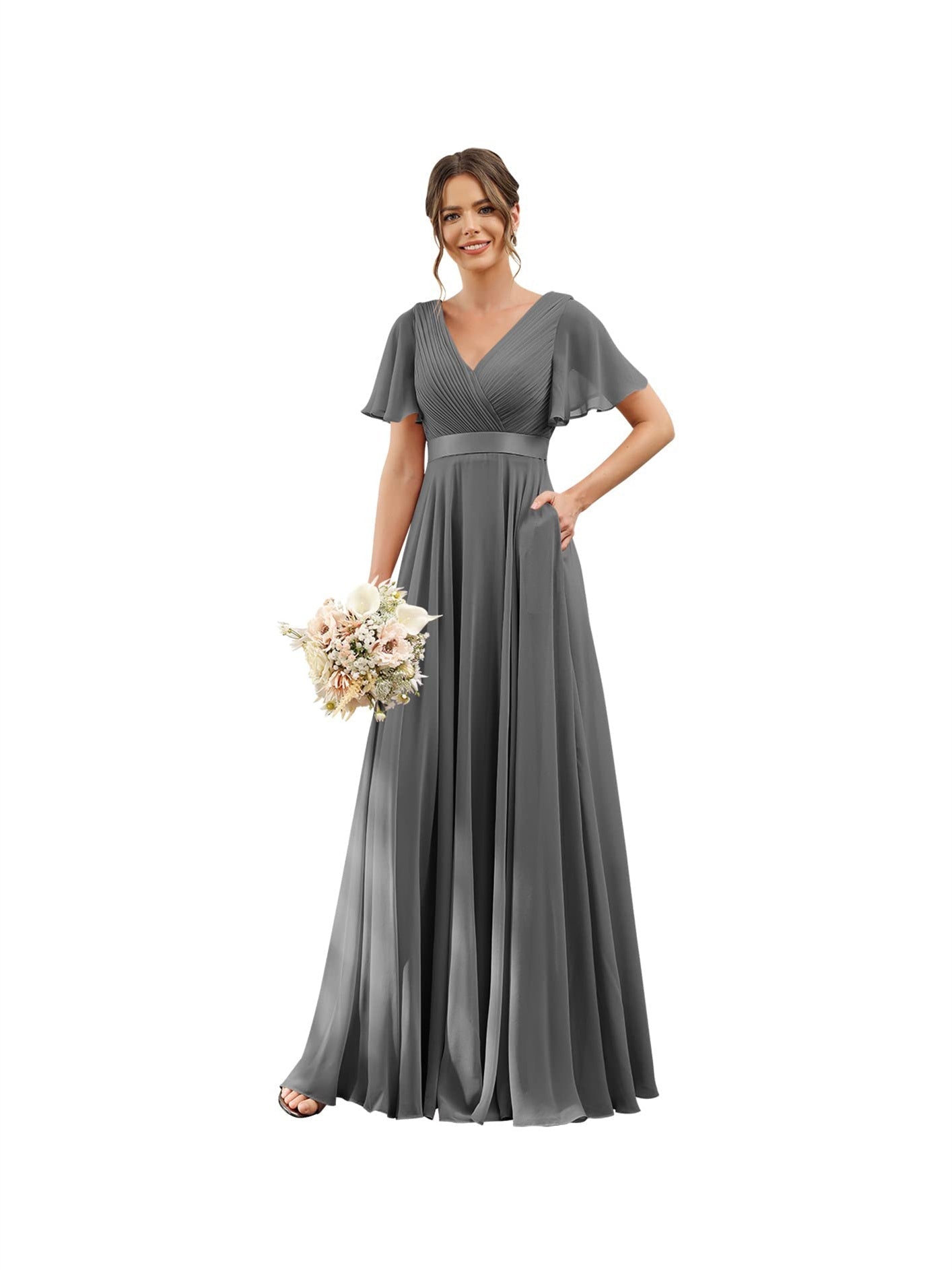 A-Line V Neck Flutter Sleeves Floor Length Bridesmaid Dresses Chiffon with Pockets Ruched