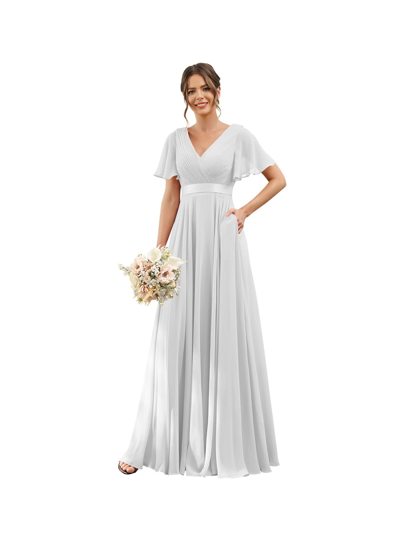 A-Line V Neck Flutter Sleeves Floor Length Bridesmaid Dresses Chiffon with Pockets Ruched