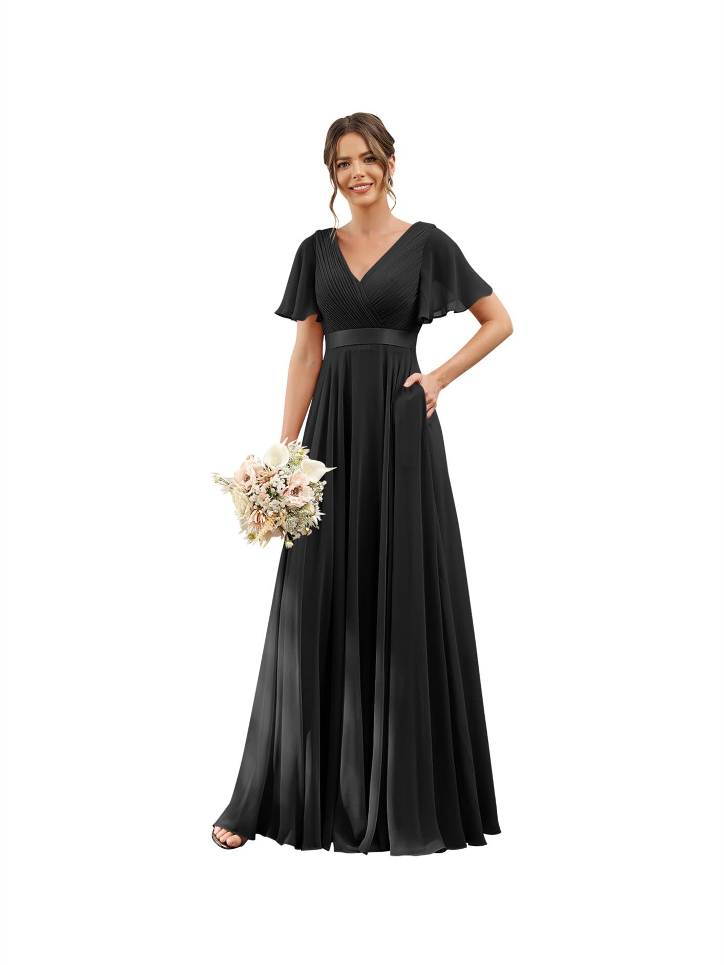 A-Line V Neck Flutter Sleeves Floor Length Bridesmaid Dresses Chiffon with Pockets Ruched