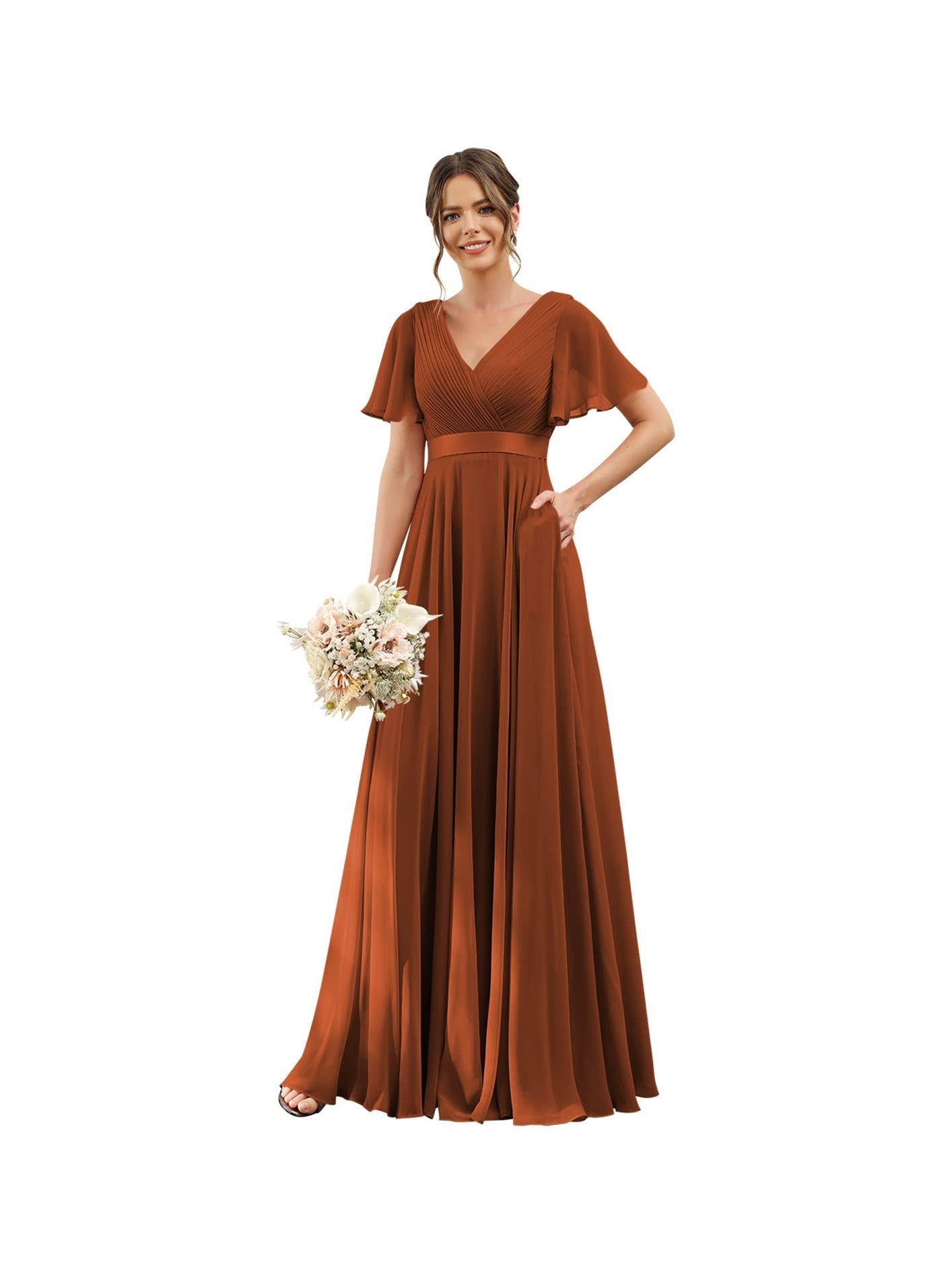 A-Line V Neck Flutter Sleeves Floor Length Bridesmaid Dresses Chiffon with Pockets Ruched