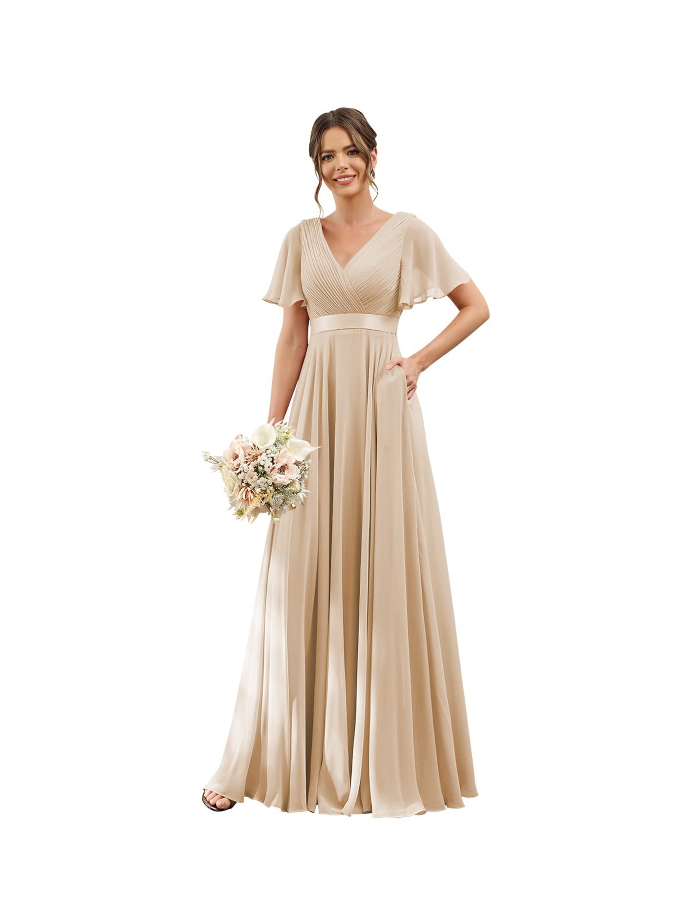 A-Line V Neck Flutter Sleeves Floor Length Bridesmaid Dresses Chiffon with Pockets Ruched