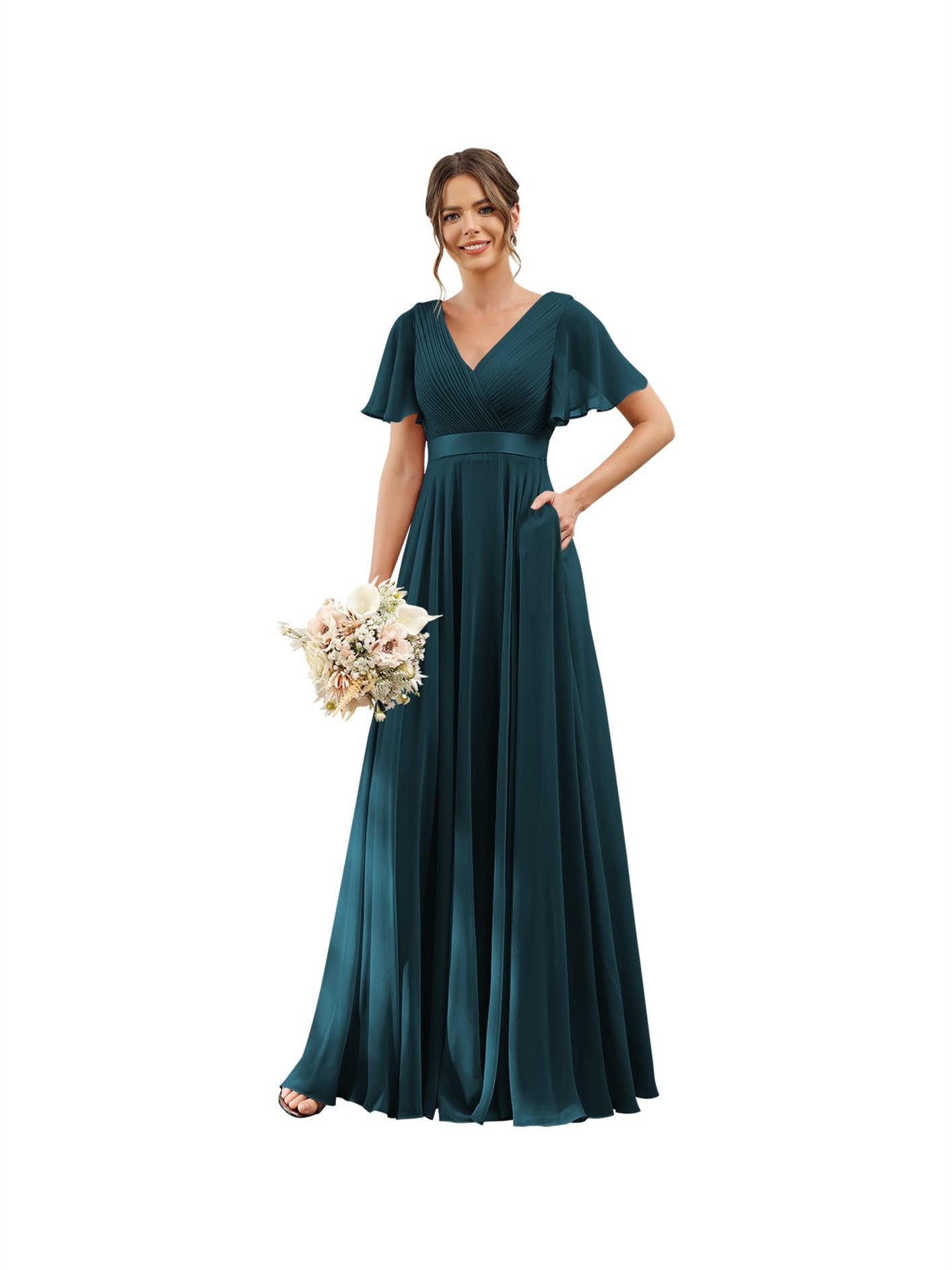 A-Line V Neck Flutter Sleeves Floor Length Bridesmaid Dresses Chiffon with Pockets Ruched