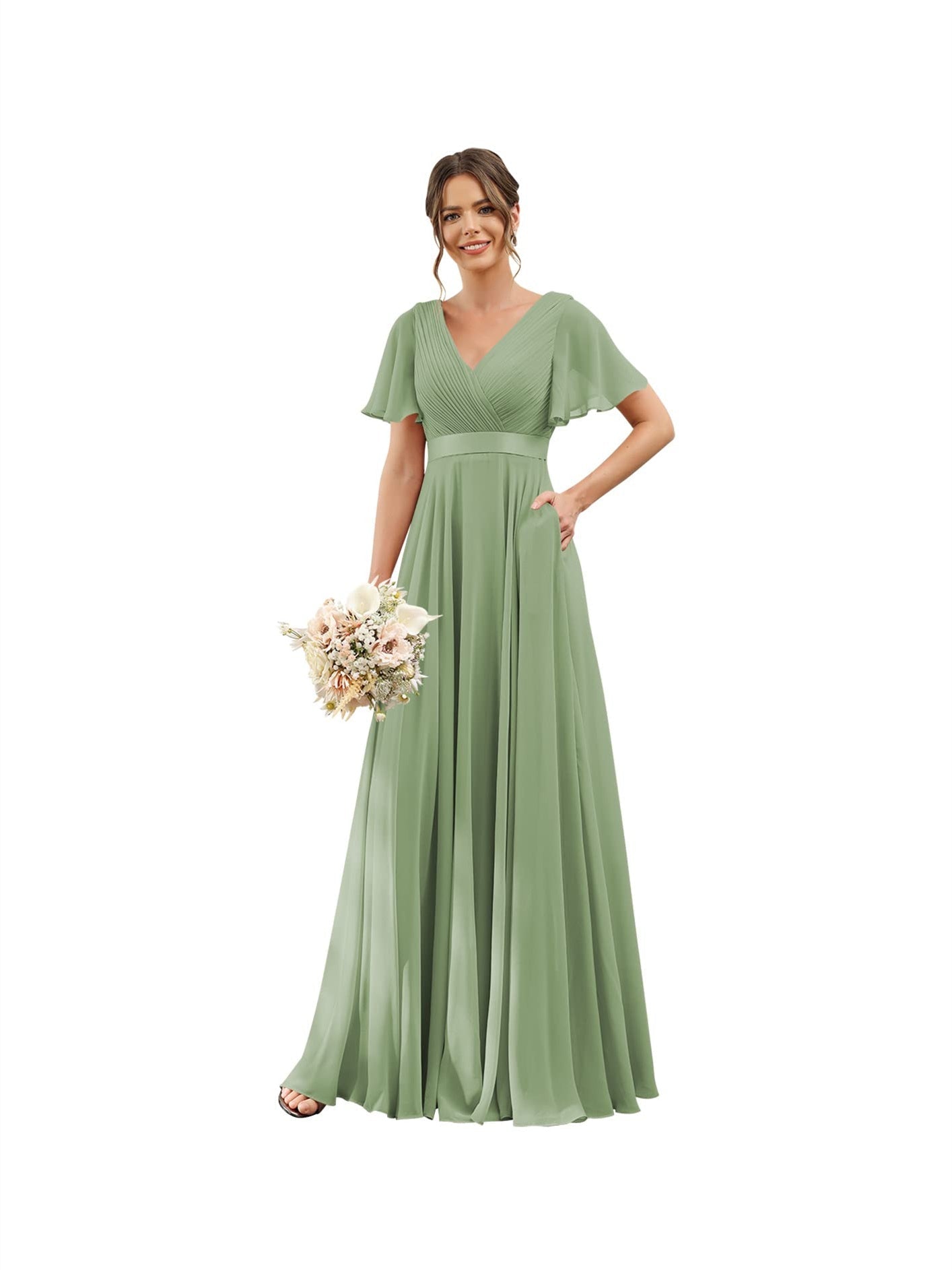 A-Line V Neck Flutter Sleeves Floor Length Bridesmaid Dresses Chiffon with Pockets Ruched