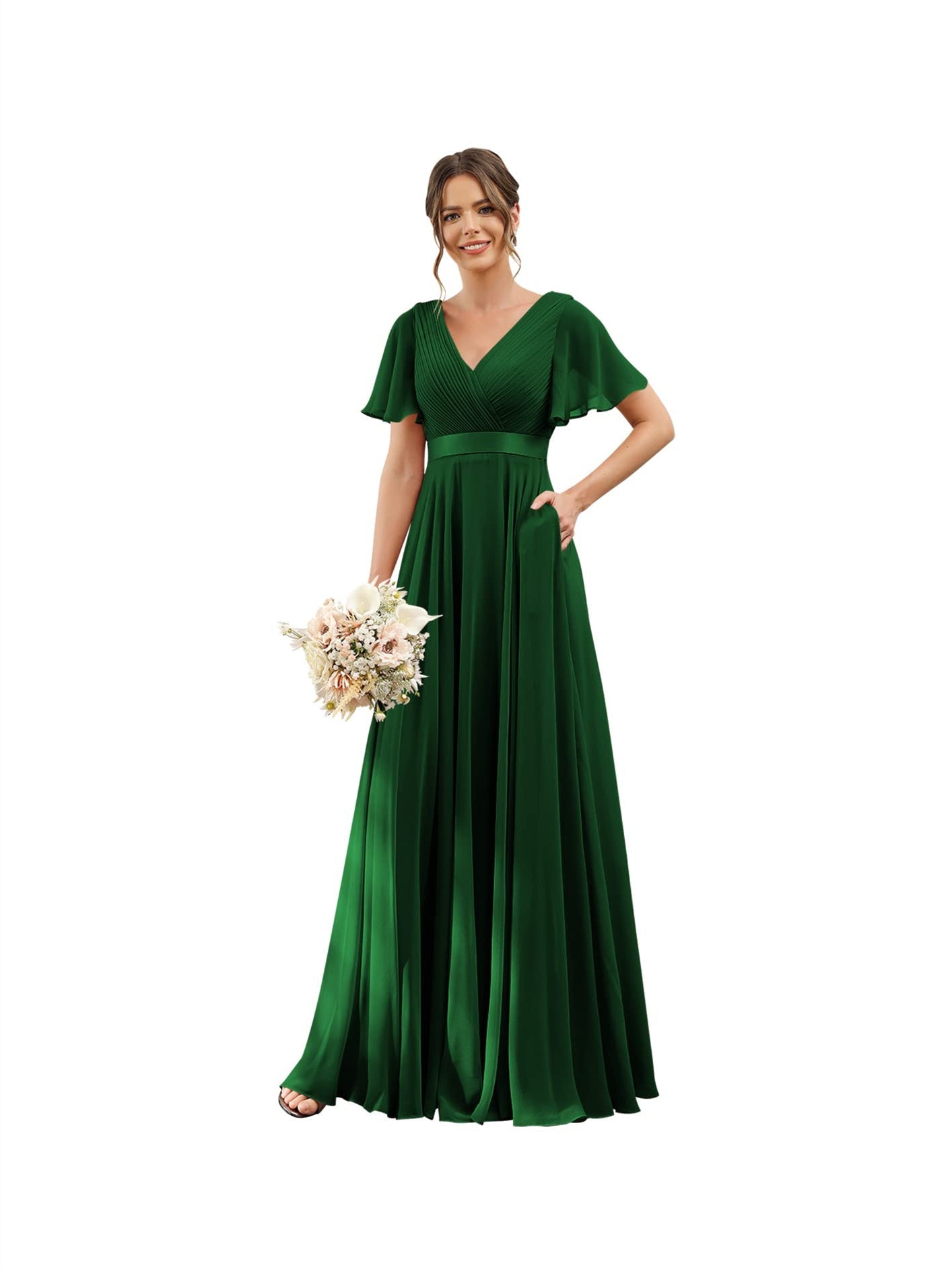 A-Line V Neck Flutter Sleeves Floor Length Bridesmaid Dresses Chiffon with Pockets Ruched