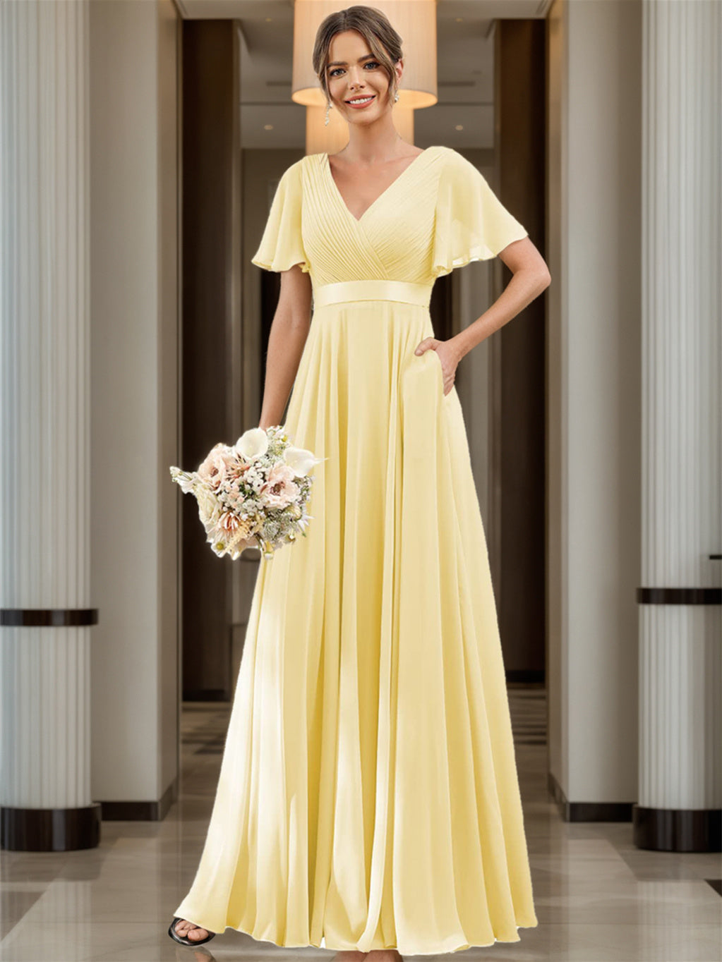 A-Line V Neck Flutter Sleeves Floor Length Bridesmaid Dresses Chiffon with Pockets Ruched