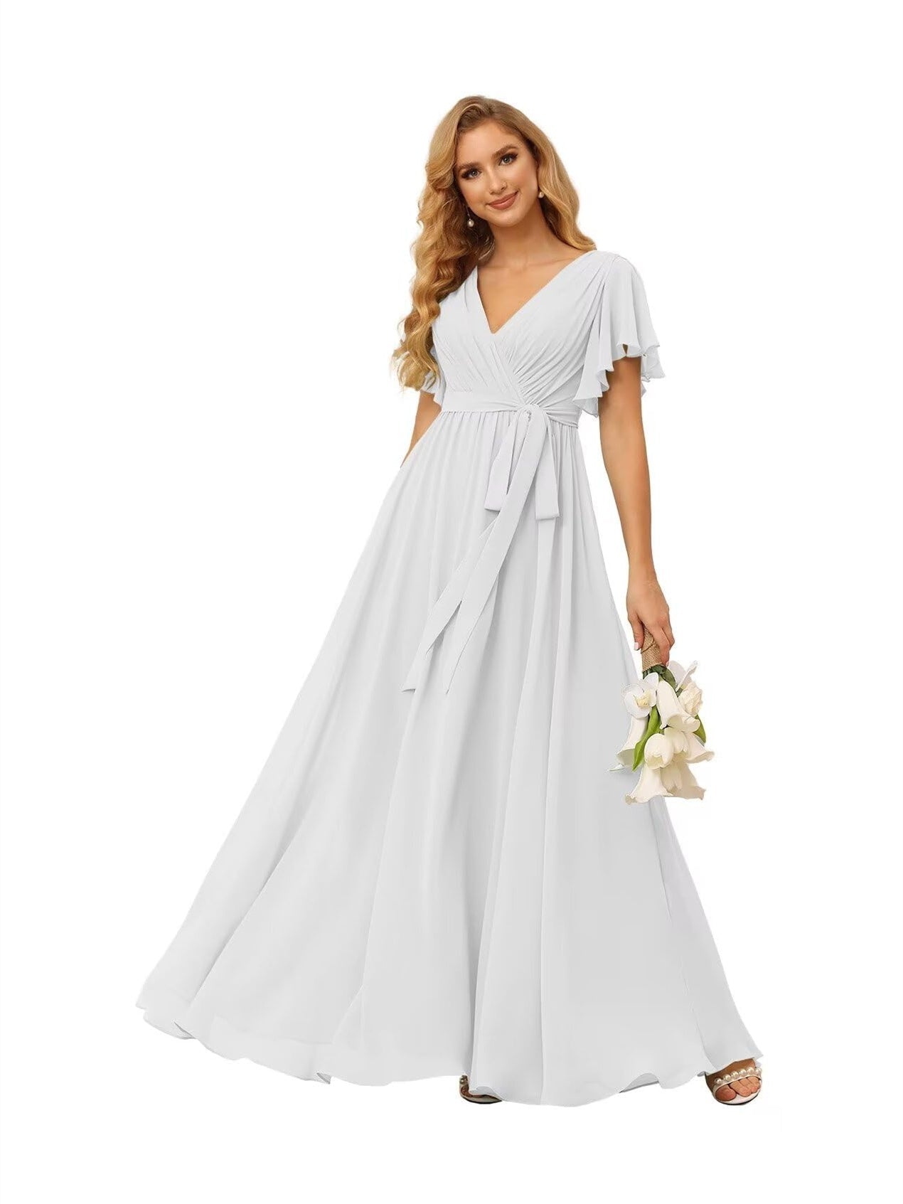 A-Line V Neck Short Sleeve Floor Length Bridesmaid Dresses Chiffon with Ruffles Bow(s)