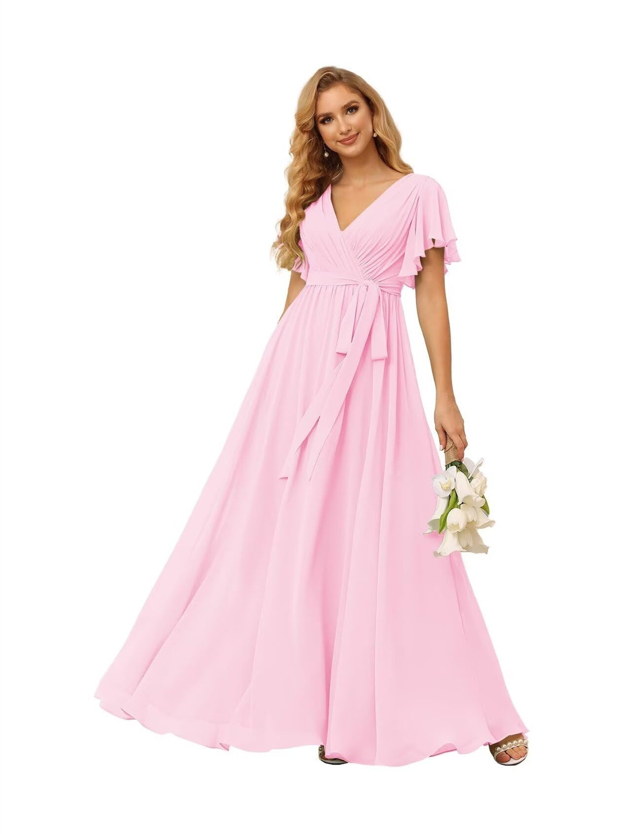 A-Line V Neck Short Sleeve Floor Length Bridesmaid Dresses Chiffon with Ruffles Bow(s)