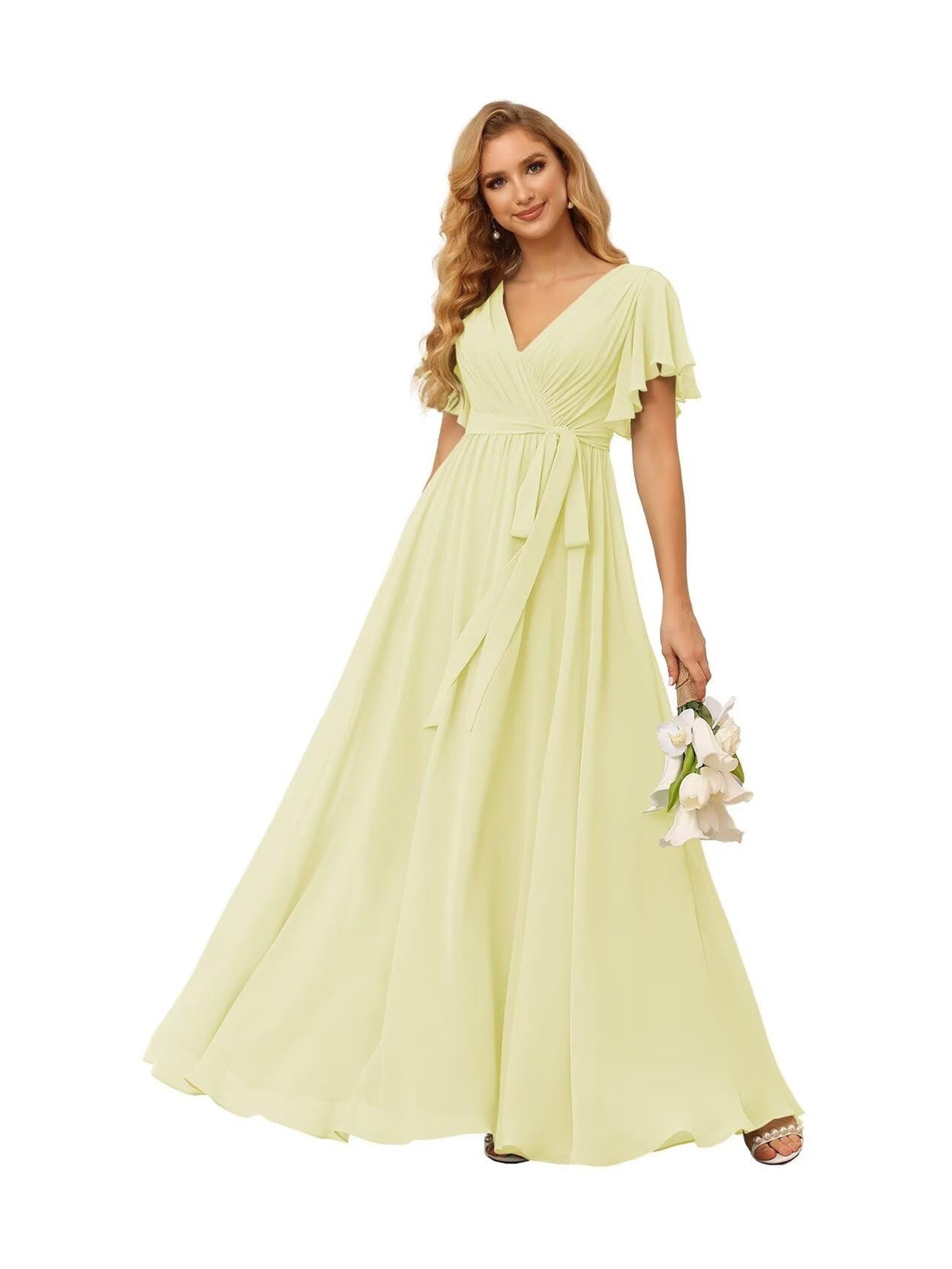 A-Line V Neck Short Sleeve Floor Length Bridesmaid Dresses Chiffon with Ruffles Bow(s)