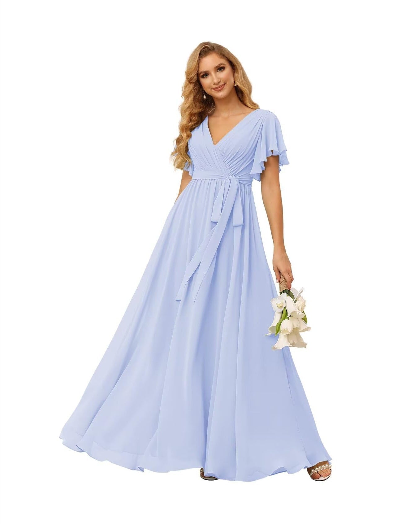 A-Line V Neck Short Sleeve Floor Length Bridesmaid Dresses Chiffon with Ruffles Bow(s)