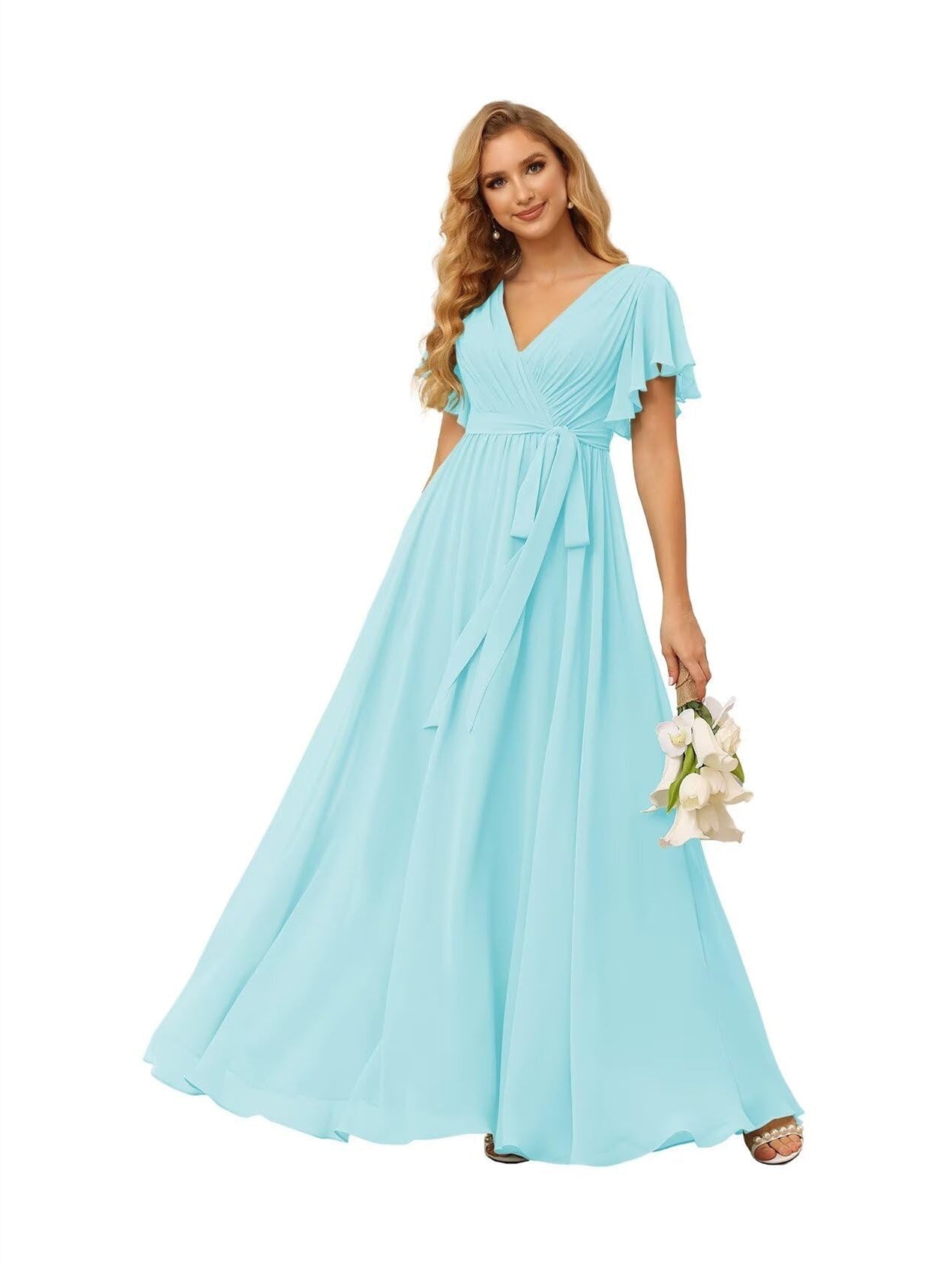A-Line V Neck Short Sleeve Floor Length Bridesmaid Dresses Chiffon with Ruffles Bow(s)