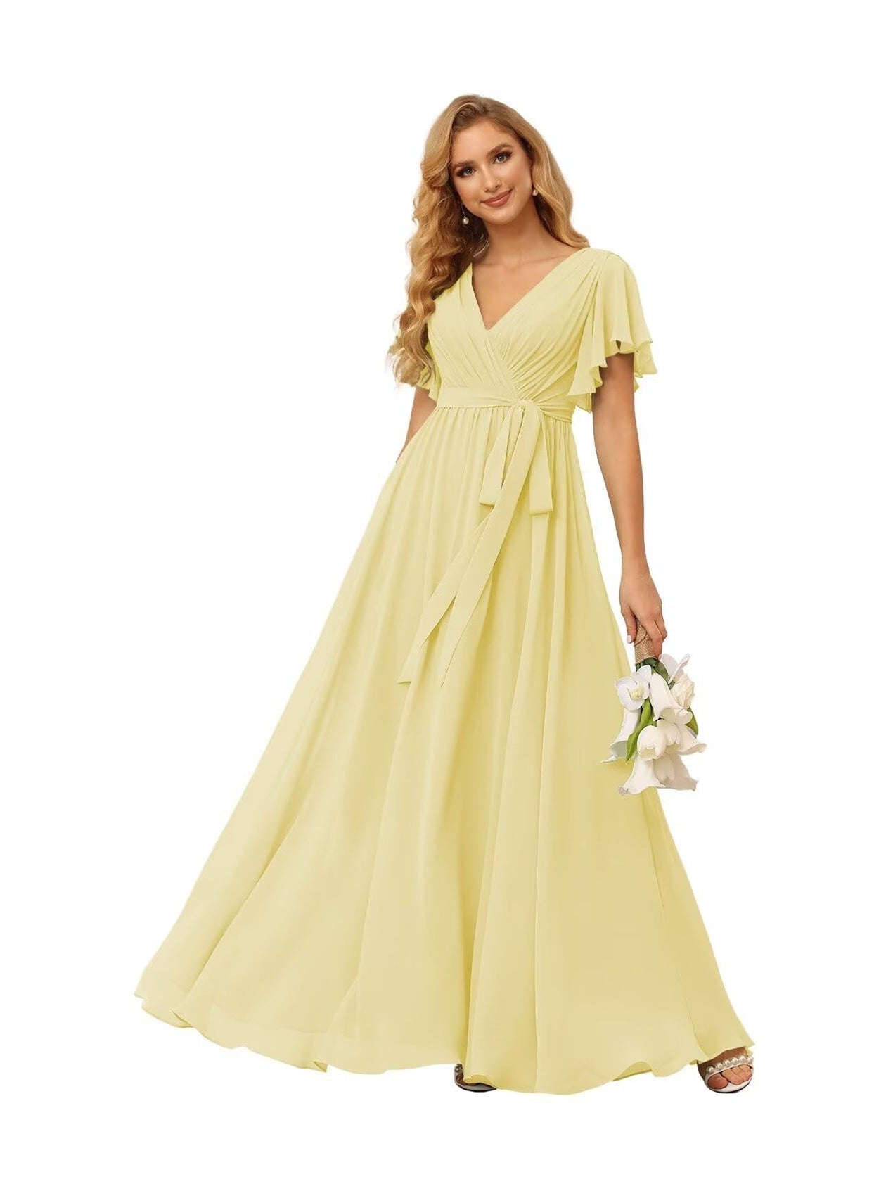 A-Line V Neck Short Sleeve Floor Length Bridesmaid Dresses Chiffon with Ruffles Bow(s)