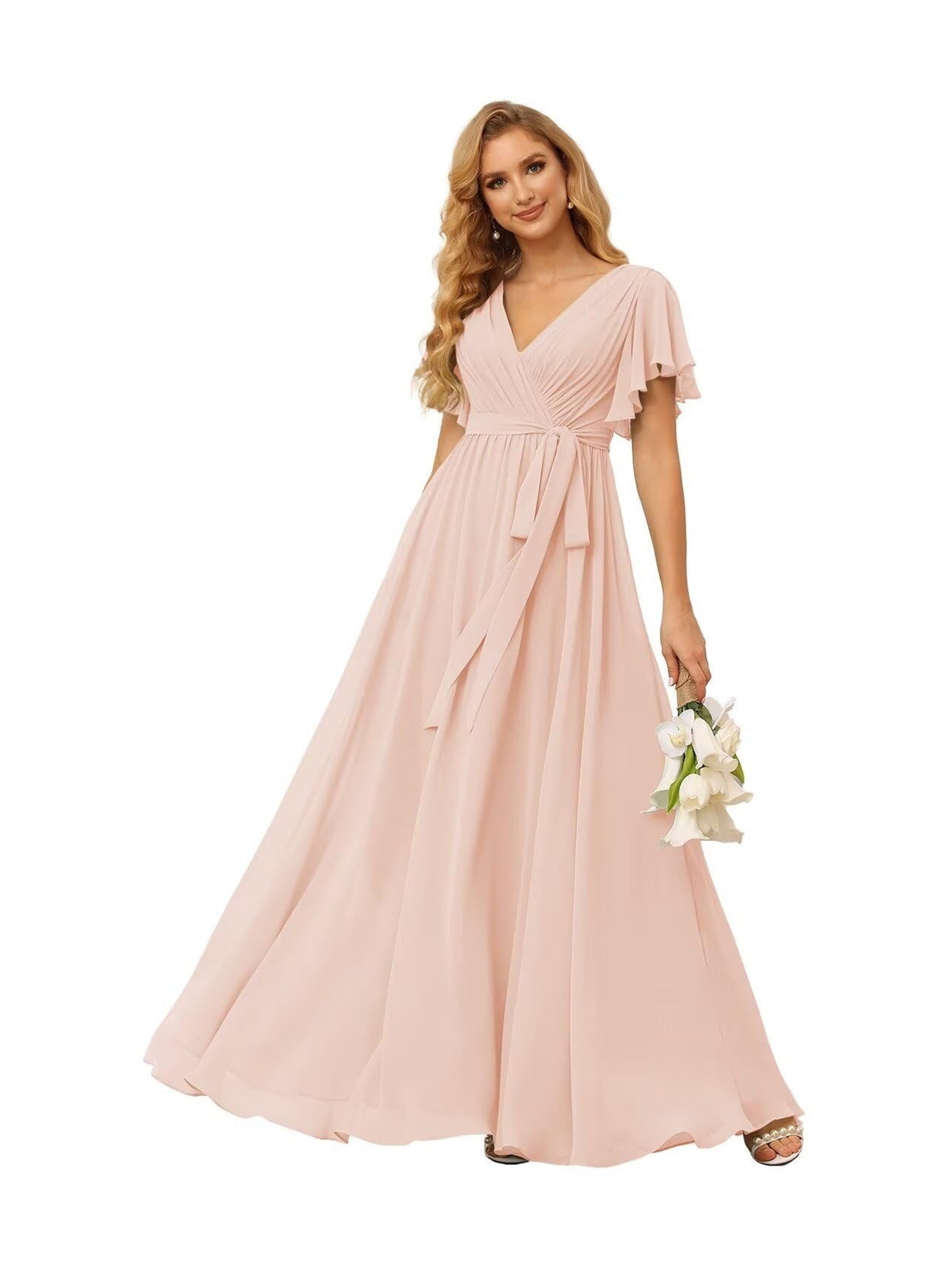 A-Line V Neck Short Sleeve Floor Length Bridesmaid Dresses Chiffon with Ruffles Bow(s)
