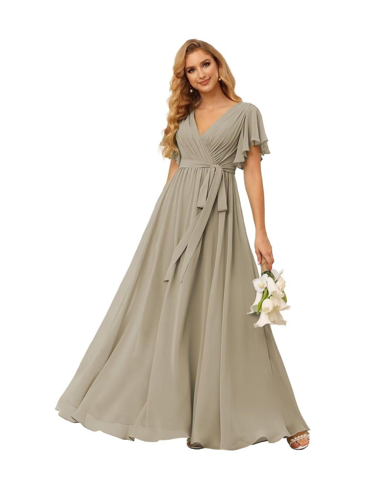 A-Line V Neck Short Sleeve Floor Length Bridesmaid Dresses Chiffon with Ruffles Bow(s)