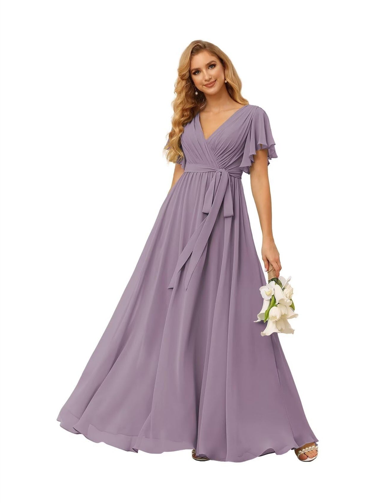 A-Line V Neck Short Sleeve Floor Length Bridesmaid Dresses Chiffon with Ruffles Bow(s)