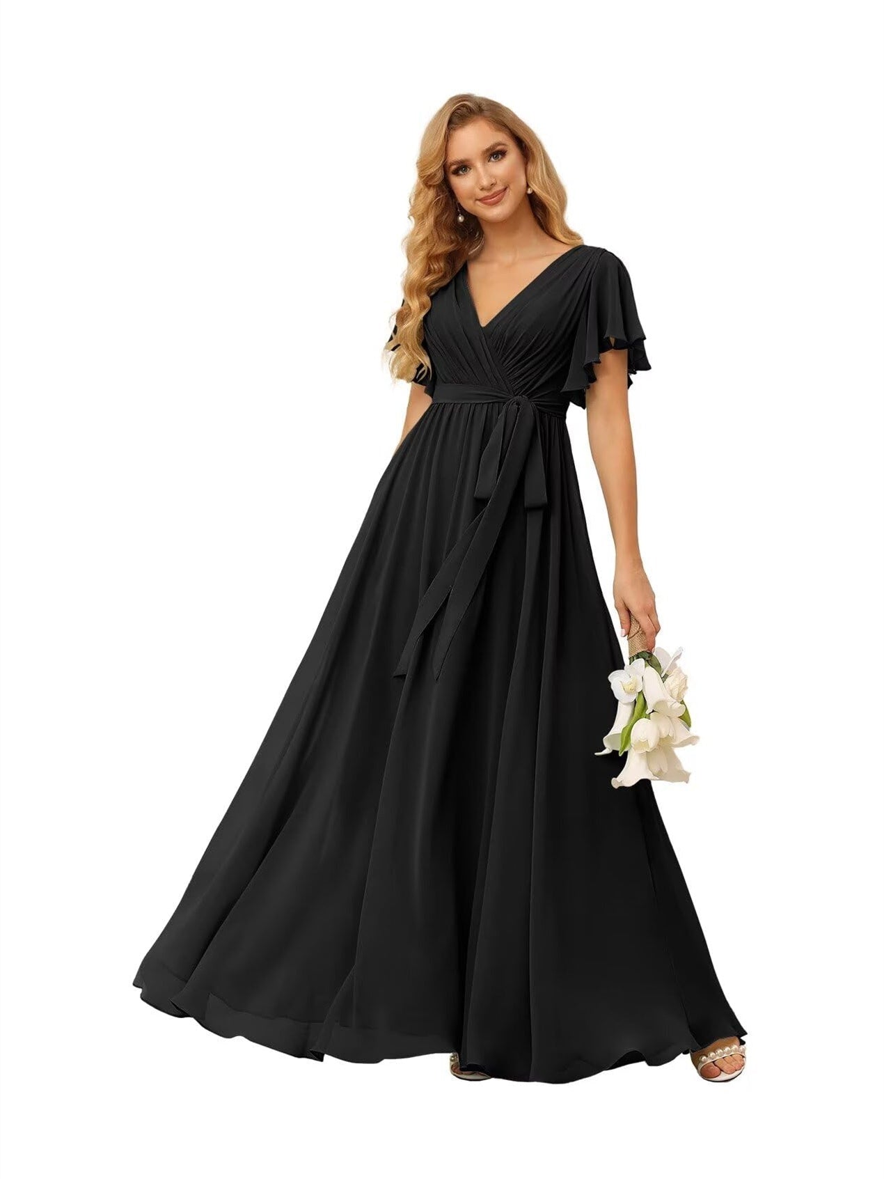 A-Line V Neck Short Sleeve Floor Length Bridesmaid Dresses Chiffon with Ruffles Bow(s)