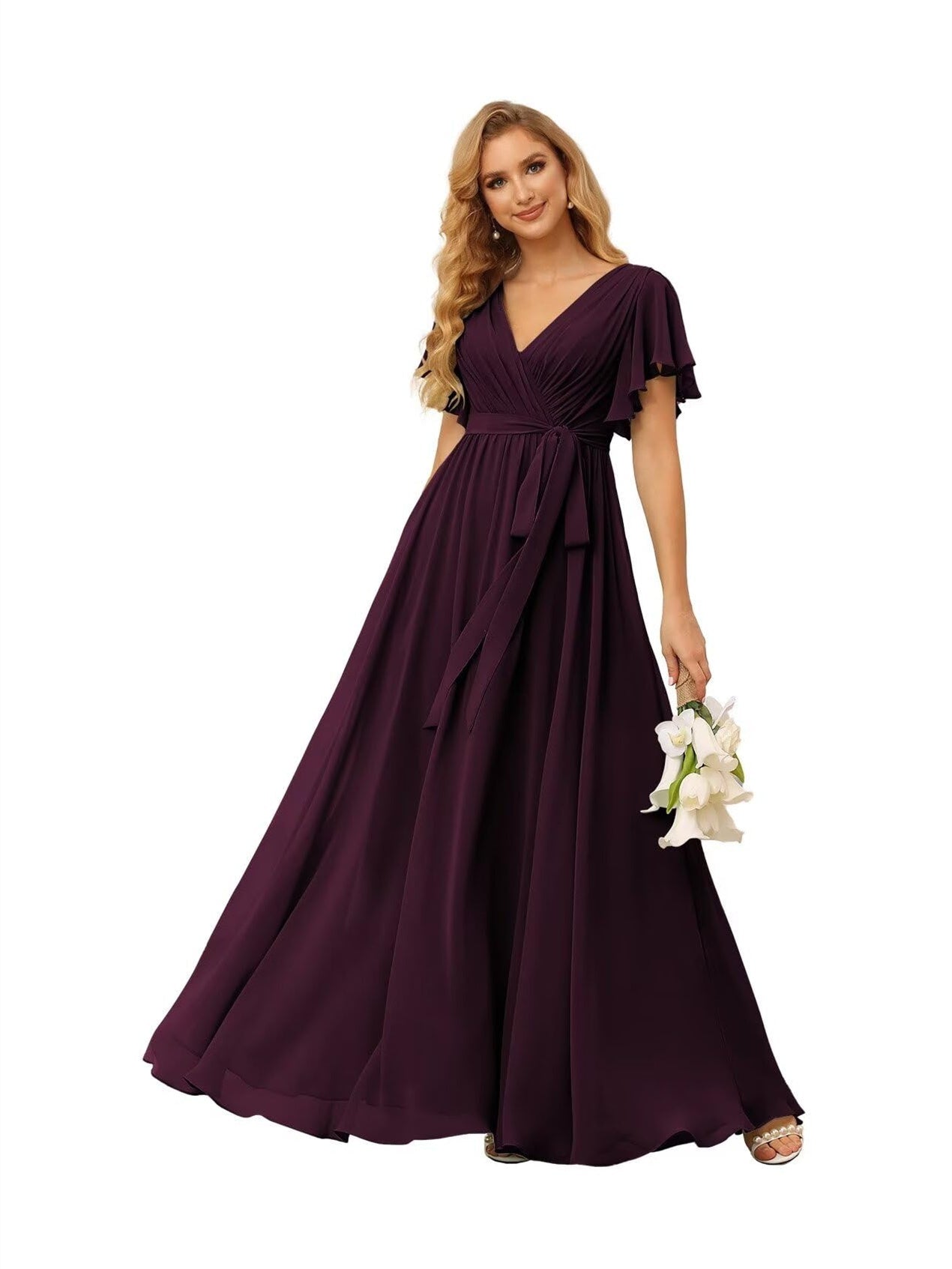 A-Line V Neck Short Sleeve Floor Length Bridesmaid Dresses Chiffon with Ruffles Bow(s)