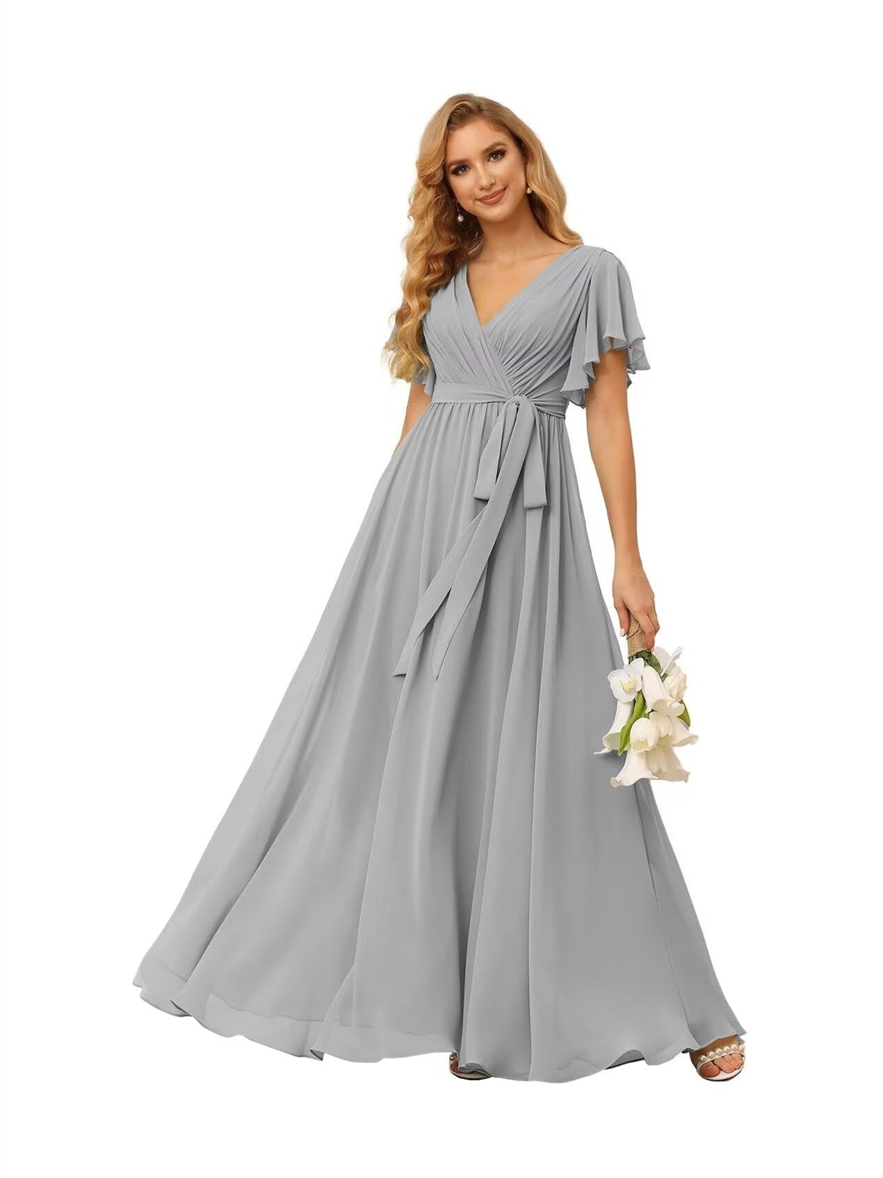 A-Line V Neck Short Sleeve Floor Length Bridesmaid Dresses Chiffon with Ruffles Bow(s)