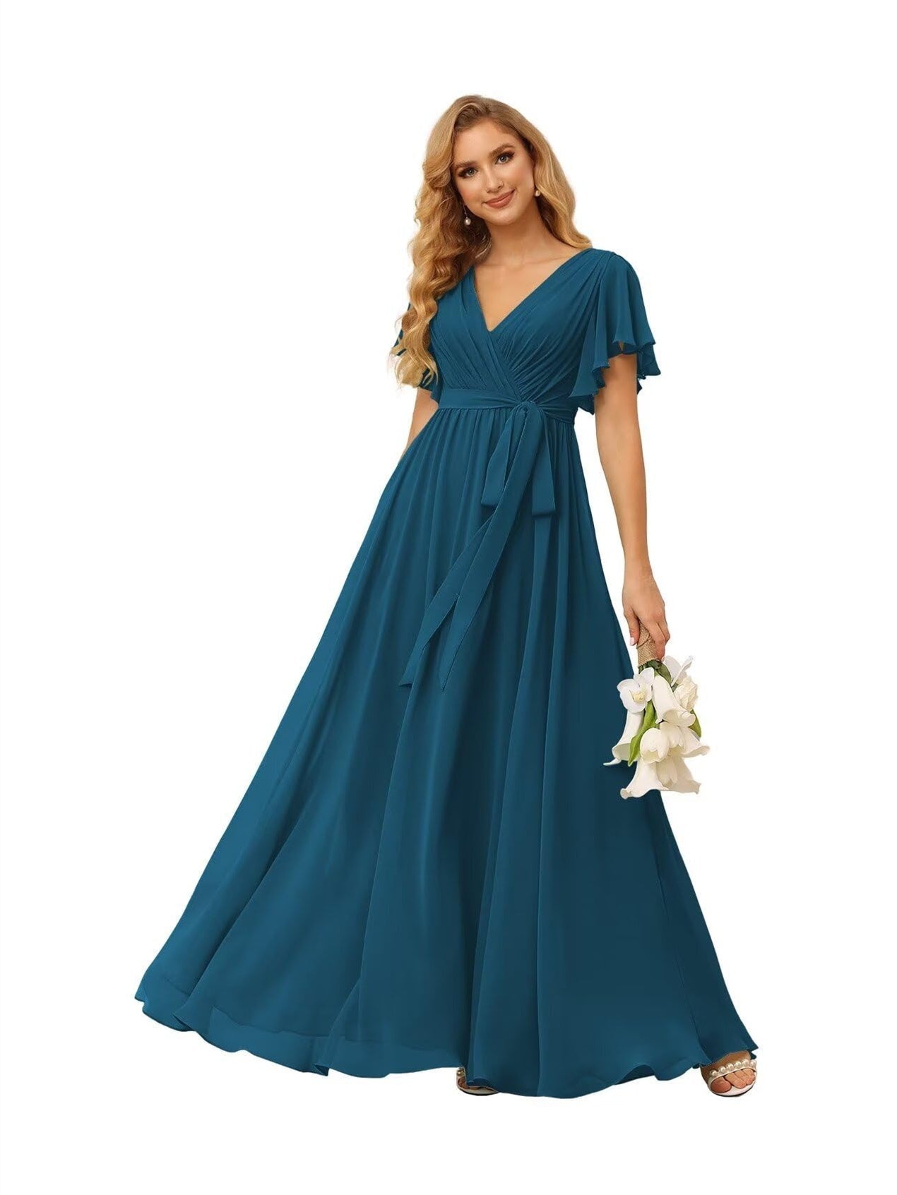 A-Line V Neck Short Sleeve Floor Length Bridesmaid Dresses Chiffon with Ruffles Bow(s)