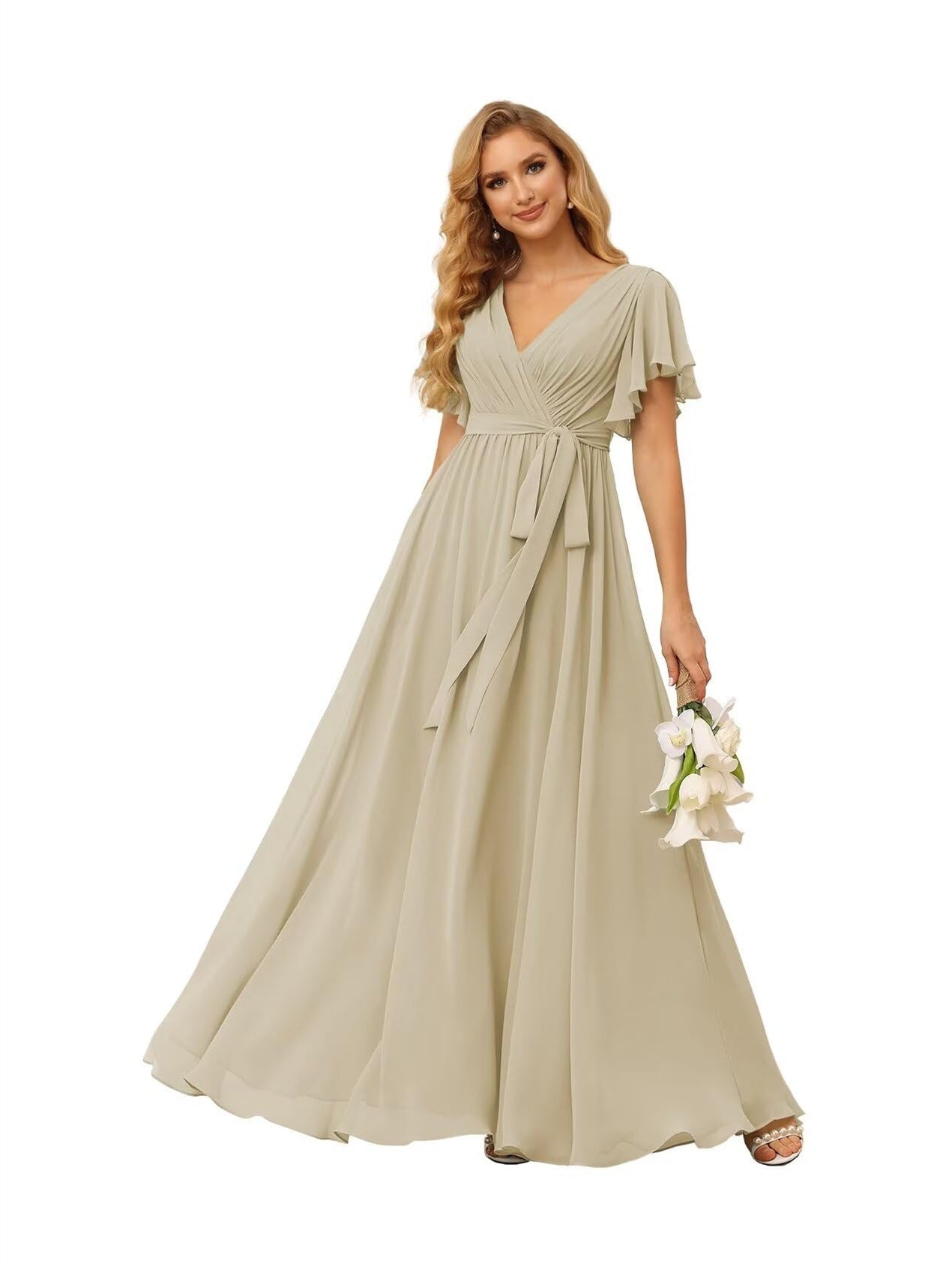 A-Line V Neck Short Sleeve Floor Length Bridesmaid Dresses Chiffon with Ruffles Bow(s)
