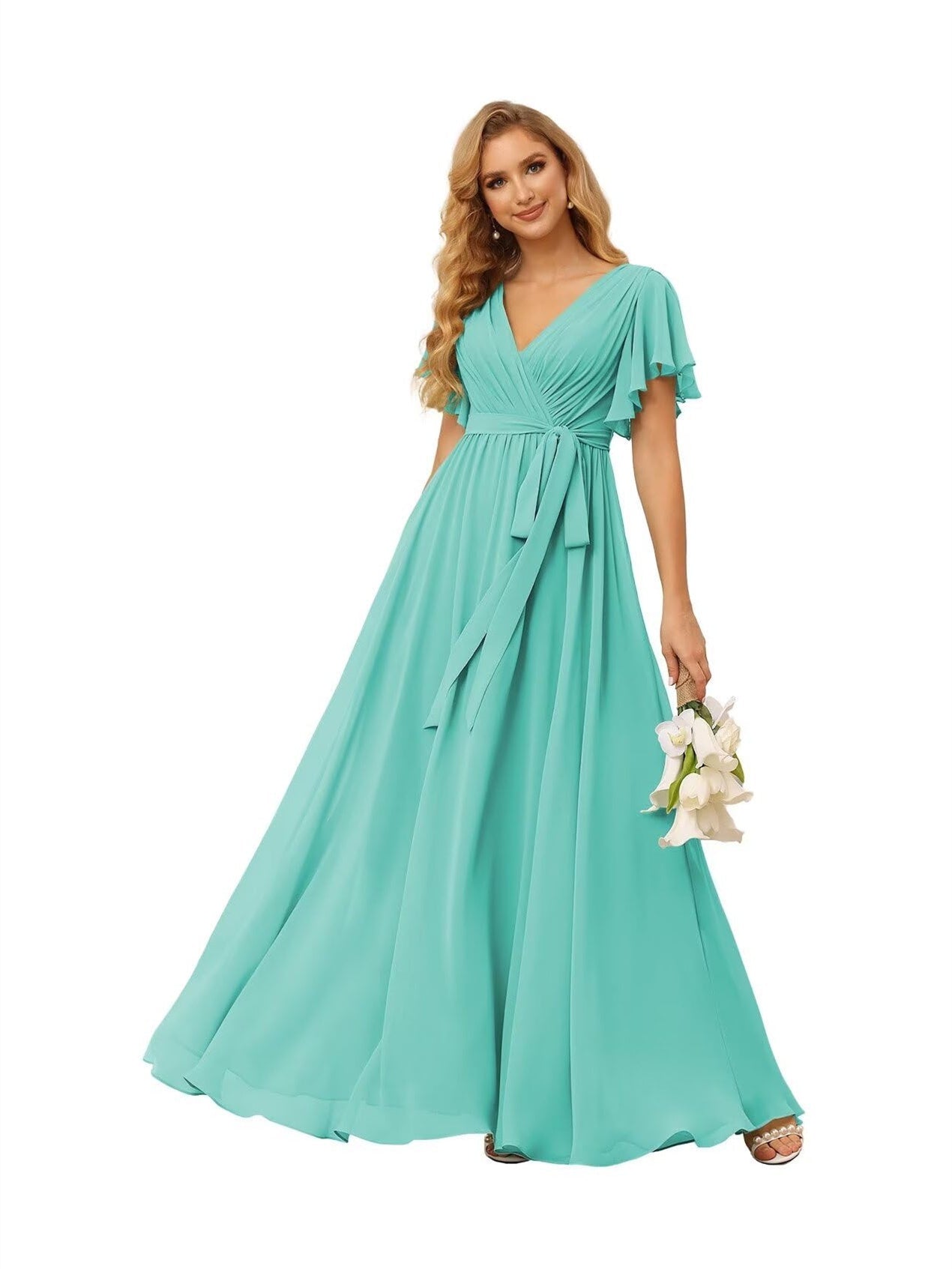 A-Line V Neck Short Sleeve Floor Length Bridesmaid Dresses Chiffon with Ruffles Bow(s)