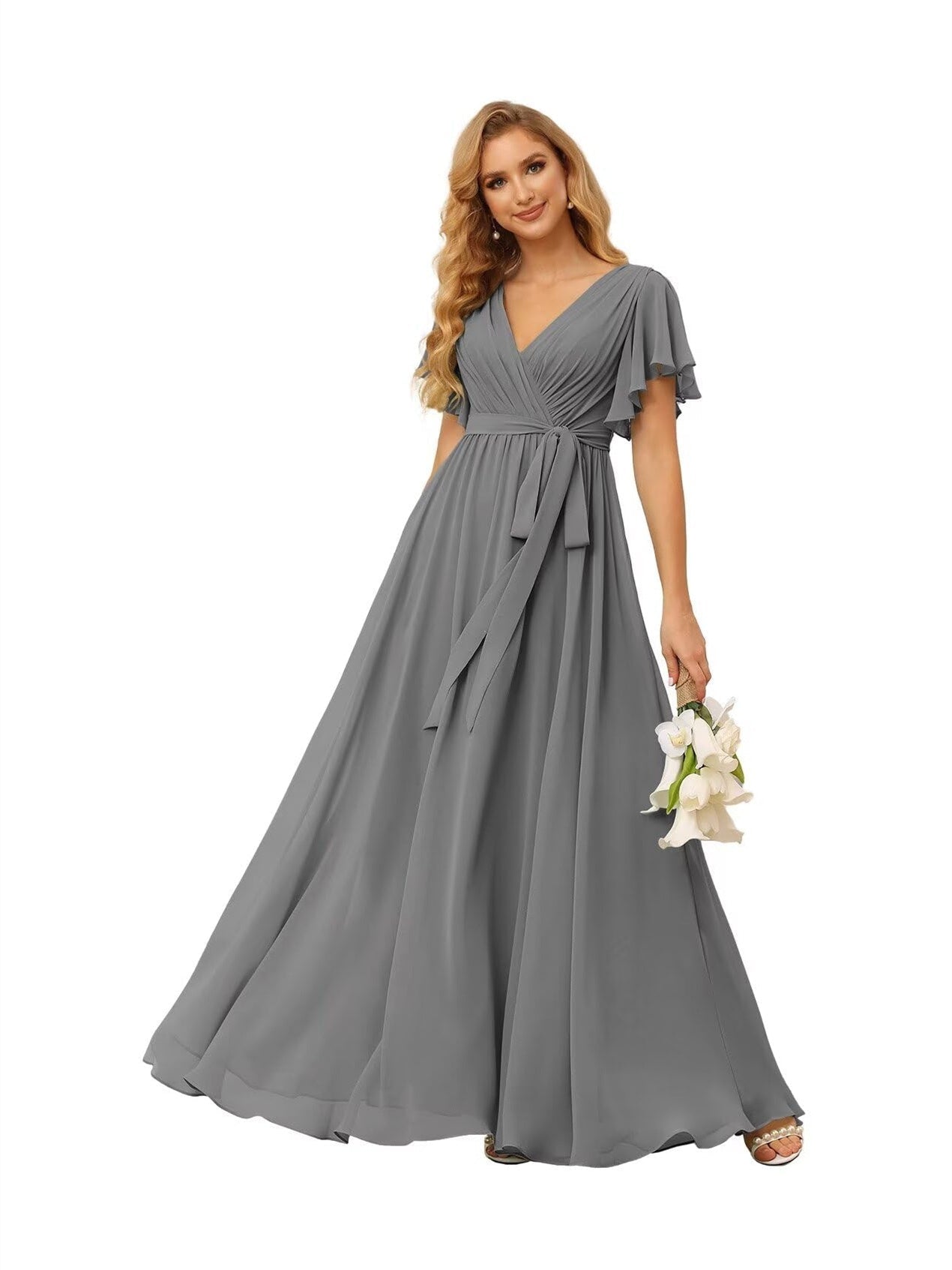 A-Line V Neck Short Sleeve Floor Length Bridesmaid Dresses Chiffon with Ruffles Bow(s)