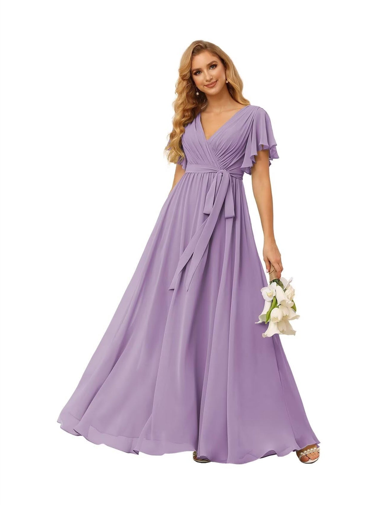 A-Line V Neck Short Sleeve Floor Length Bridesmaid Dresses Chiffon with Ruffles Bow(s)