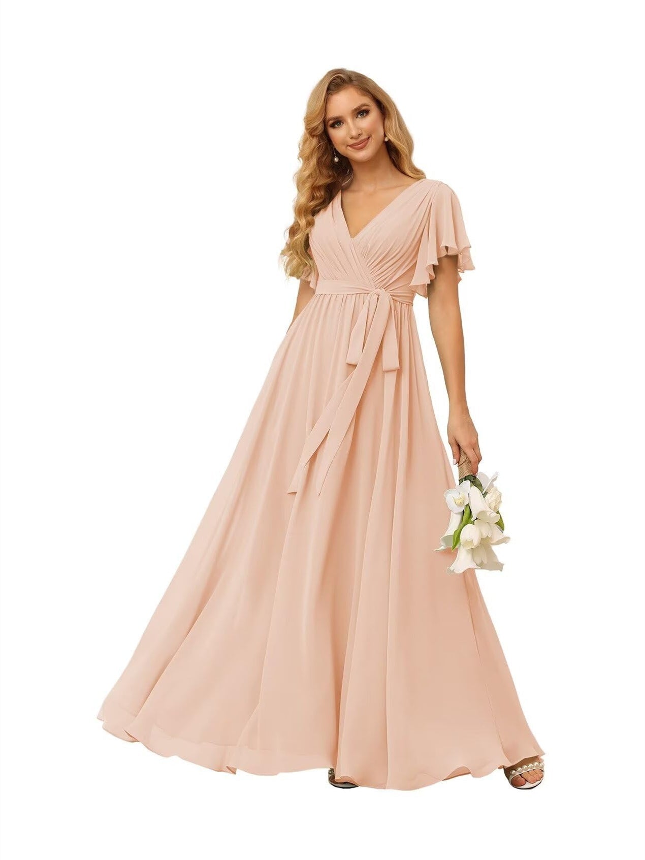 A-Line V Neck Short Sleeve Floor Length Bridesmaid Dresses Chiffon with Ruffles Bow(s)