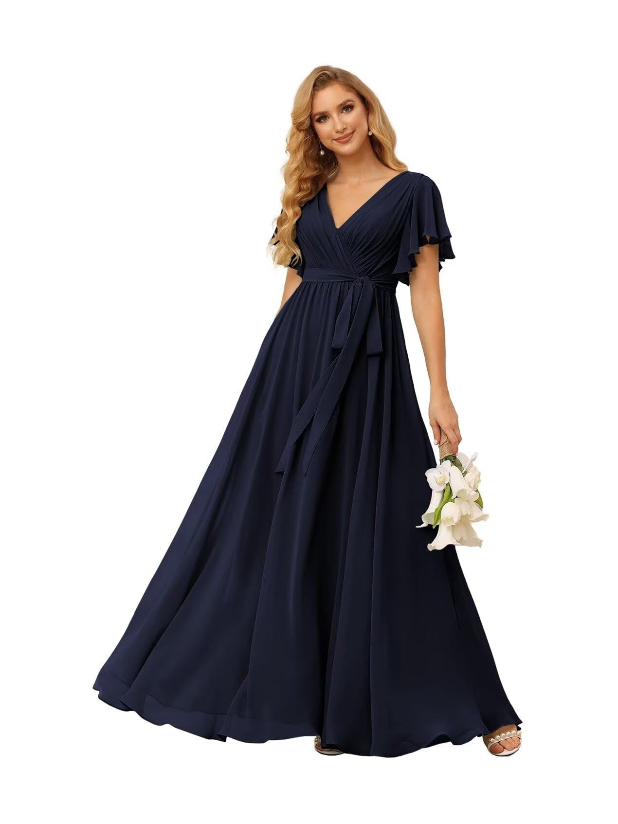 A-Line V Neck Short Sleeve Floor Length Bridesmaid Dresses Chiffon with Ruffles Bow(s)