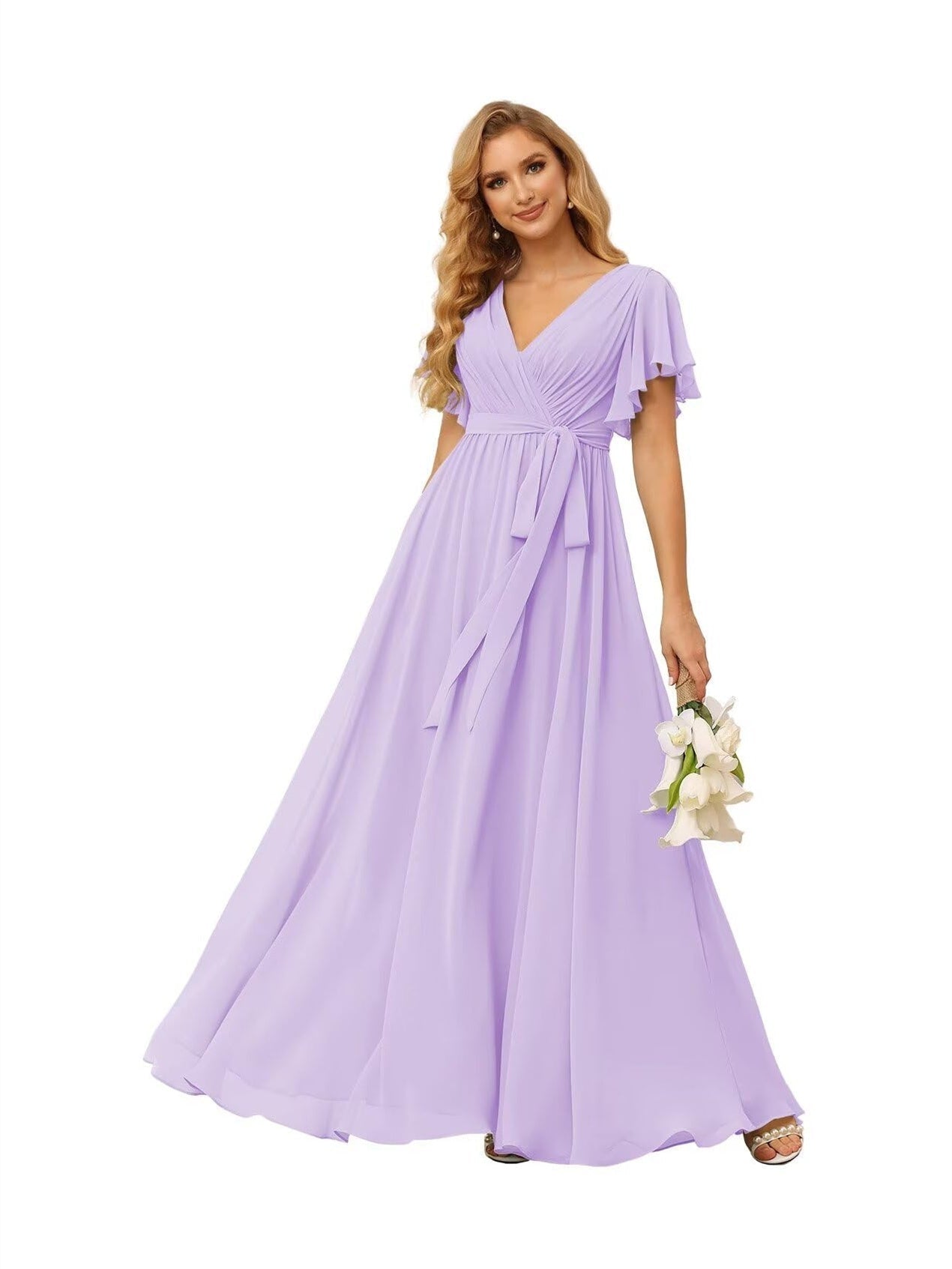 A-Line V Neck Short Sleeve Floor Length Bridesmaid Dresses Chiffon with Ruffles Bow(s)